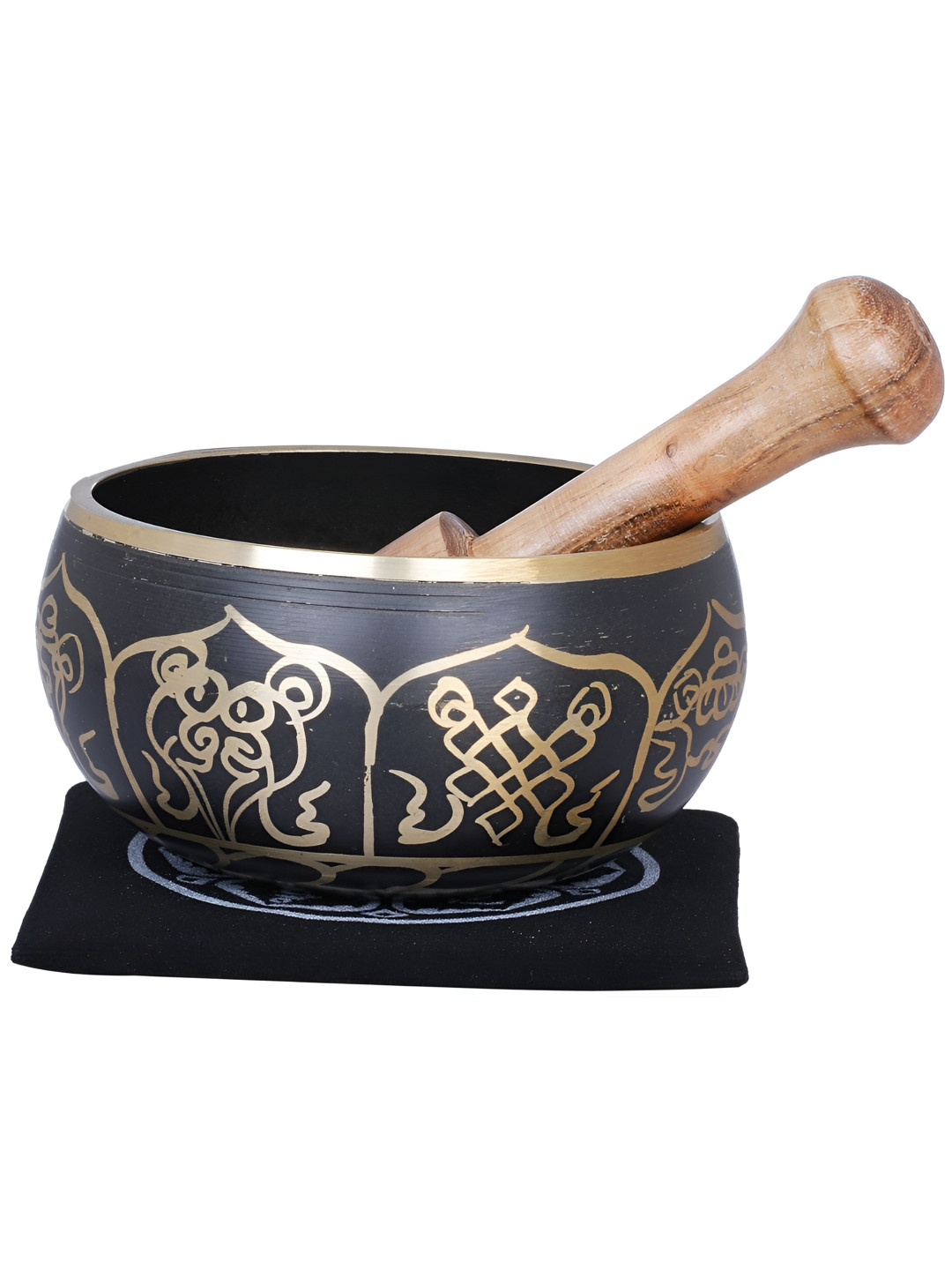 Exotic India Ashtamangala Singing Bowl Navy Blue Brass Metallic Living Room Hand Made Set of 3 Small Showpieces - 2.2 Inches