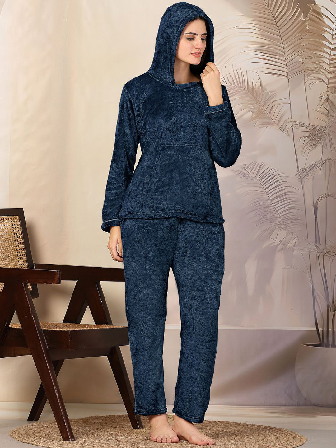 FABINALIV Solid Hooded Winter Night Suit with Front Pocket