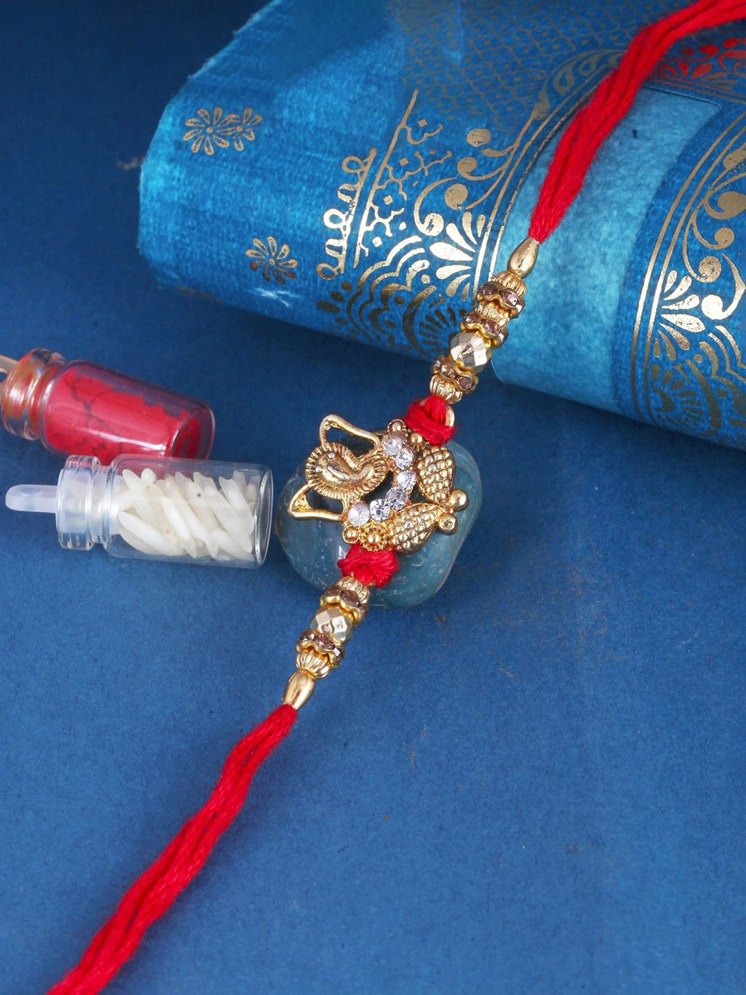 Vighnaharta Kids Set of 3 Gold and Rhodium Plated Fancy Pearls Ganesh Beaded Thread Rakhis