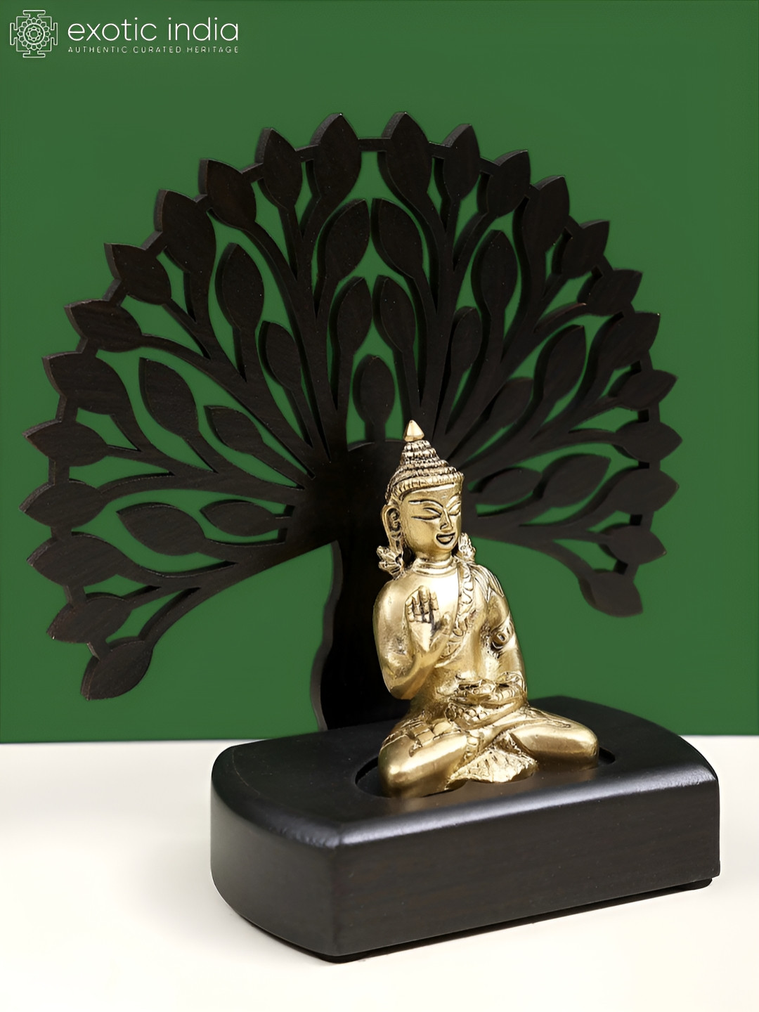 Exotic India Lord Buddha with Tree Gold Brass Metallic Prayer Room Small Showpiece - 3 Inches