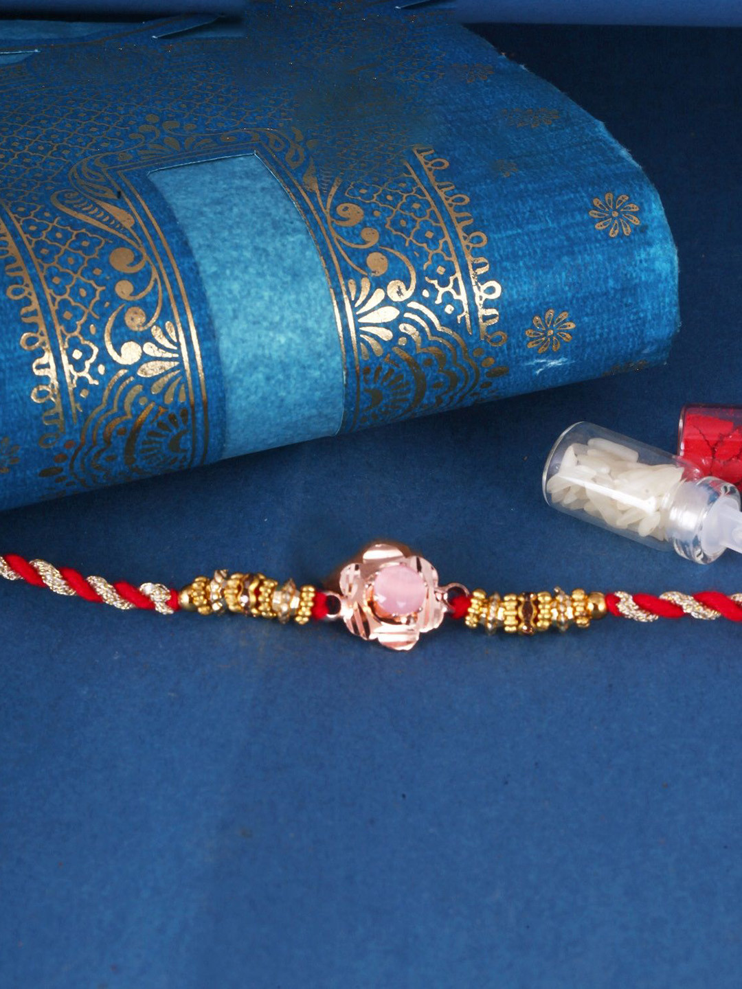 Vighnaharta Kids Set of 3 Gold and Rhodium Plated Fancy Pearls khanda Thread Rakhis