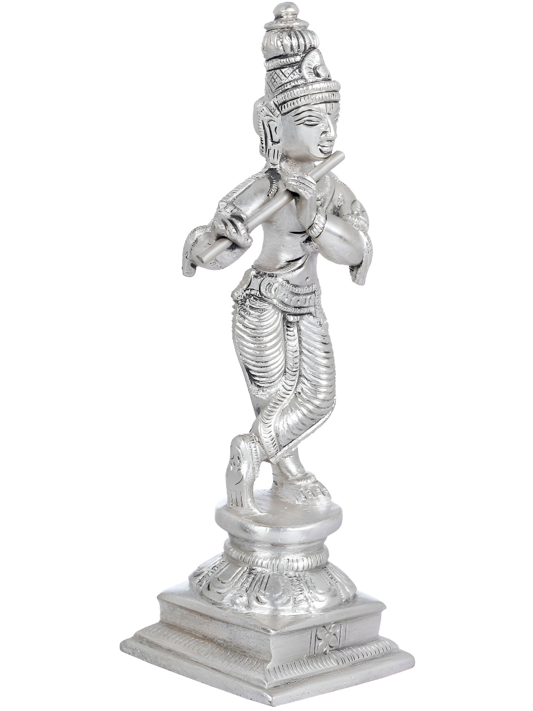 Exotic India Lord Krishna Playing On Flute Silver Brass Metallic Living Room Hand Made Small Showpiece - 6 Inches