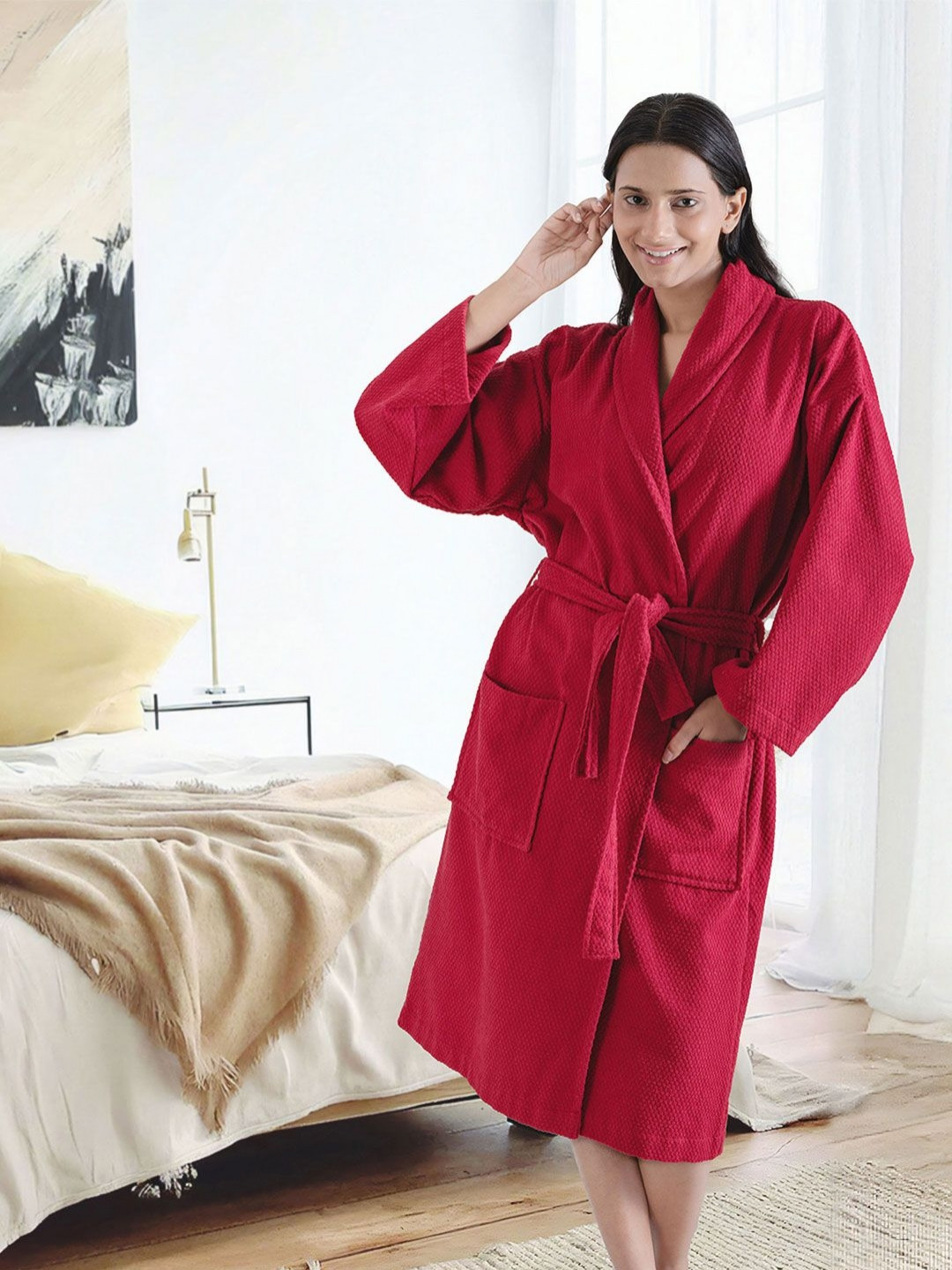 MYTRIDENT Urban Comfort, 240 GSM Red Solid Cotton Drawstring Knee Length Bath Robe-L