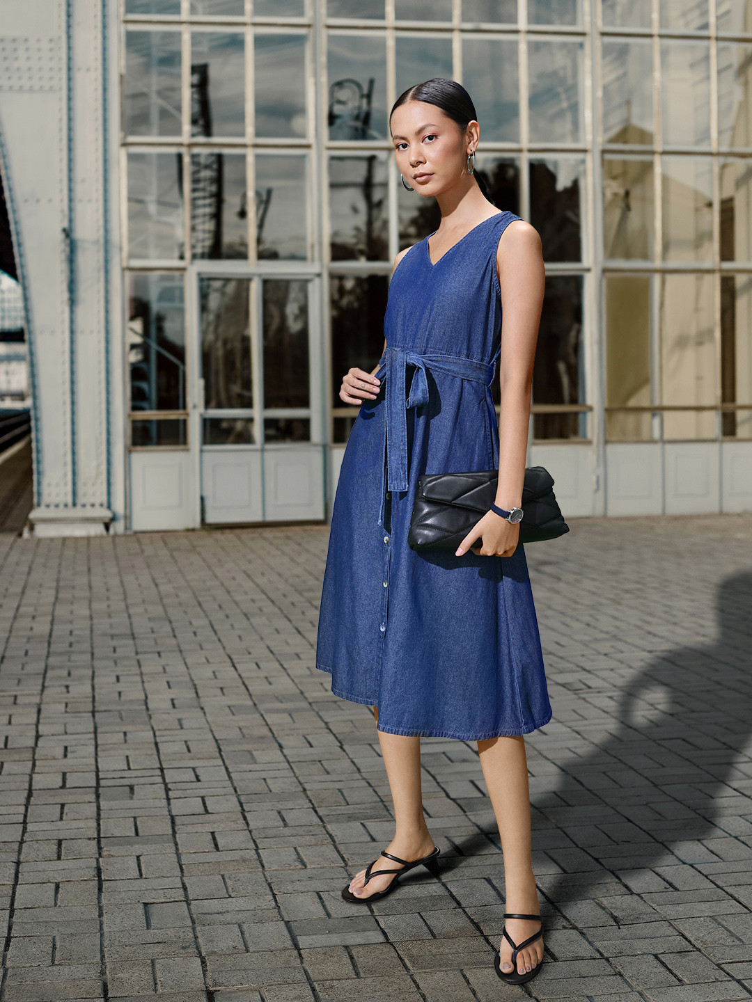 Chemistry Blue  Cotton Denim A-Line Midi Dress with Belt