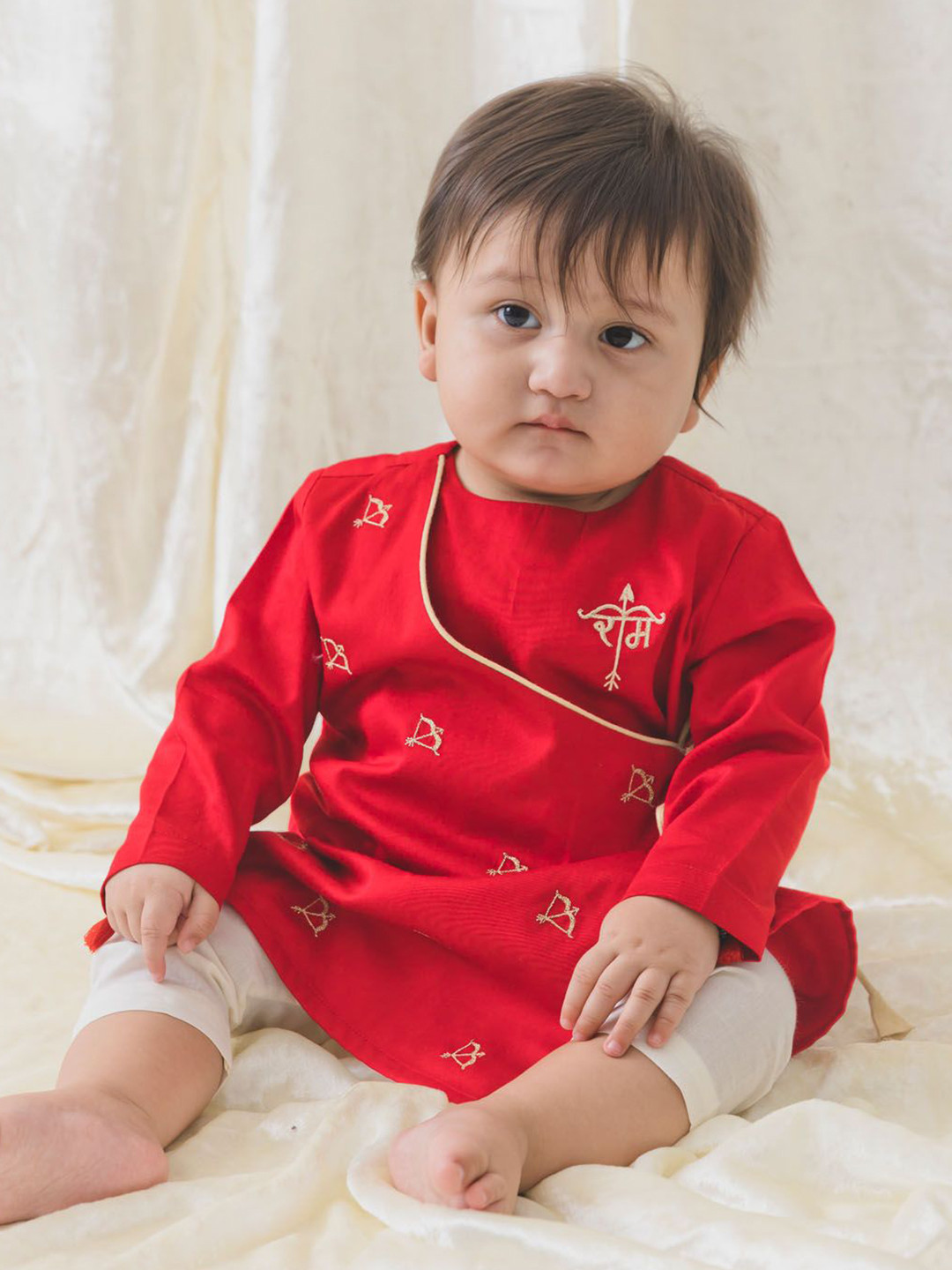 Tiber Taber Boys Embroidered Round Neck Pure Cotton Angrakha Straight Kurta With Pyjamas