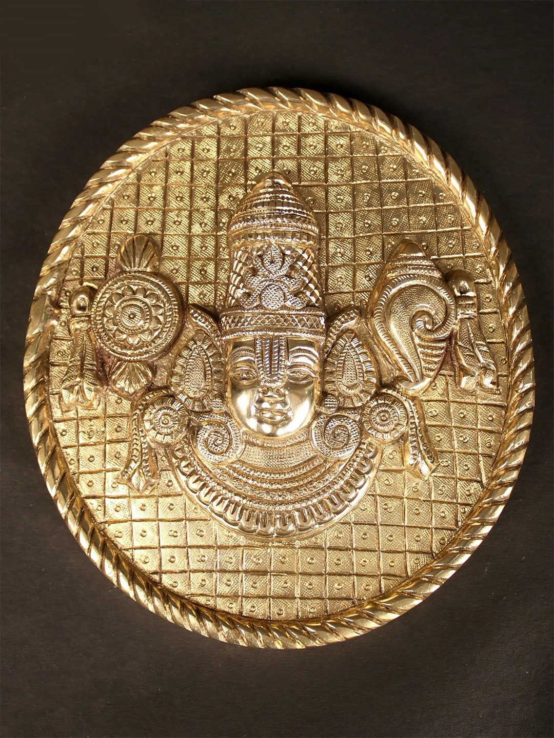 Exotic India Lord Venkateswara Plate with Shankh Chakra Brass Spiritual Wall Decor-7.2In