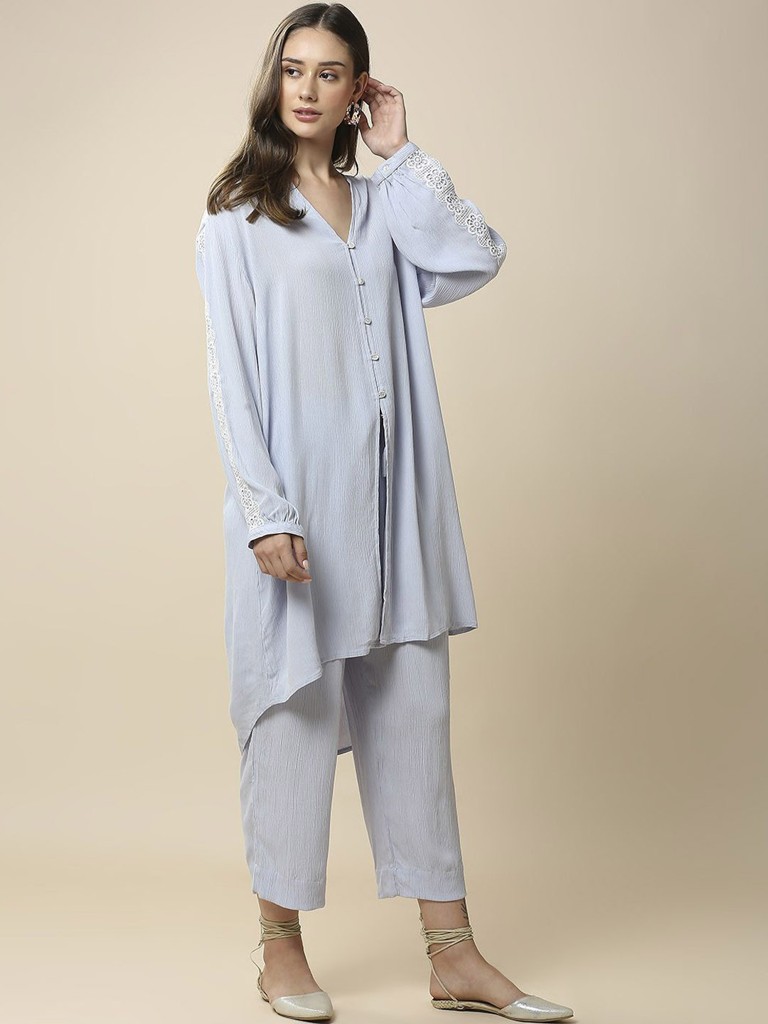 Modern Indian by CHEMISTRY V-Neck A-Line Kurta with Trousers