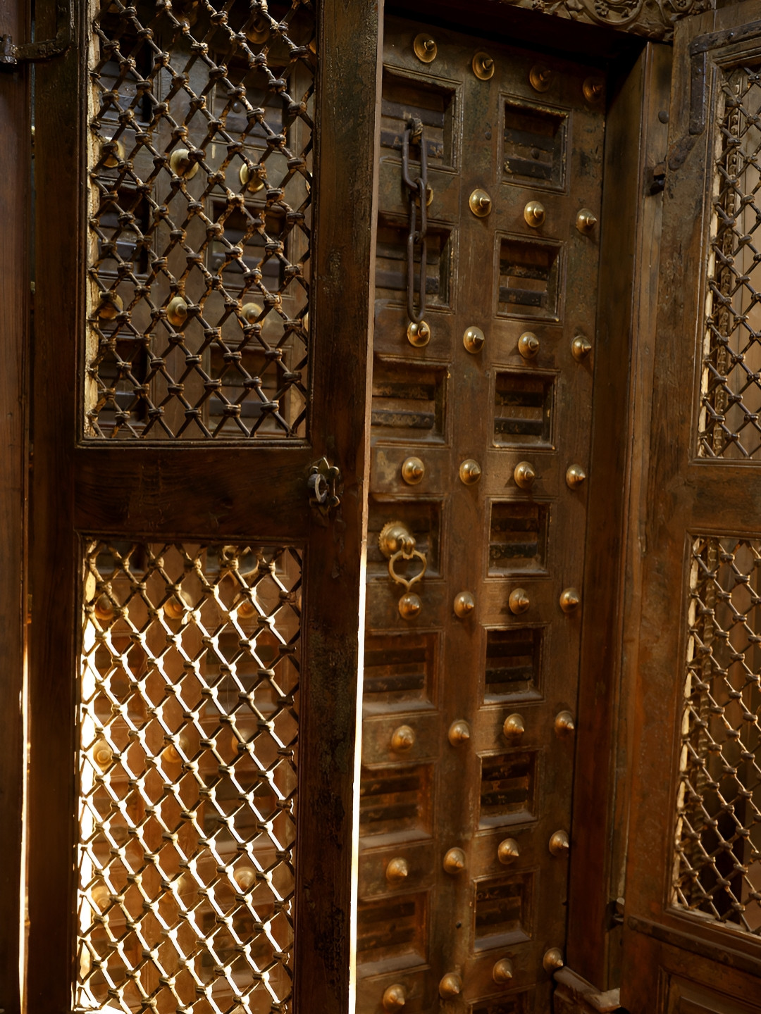 Exotic India Brown Textured Vintage Wooden Double Door With Frame