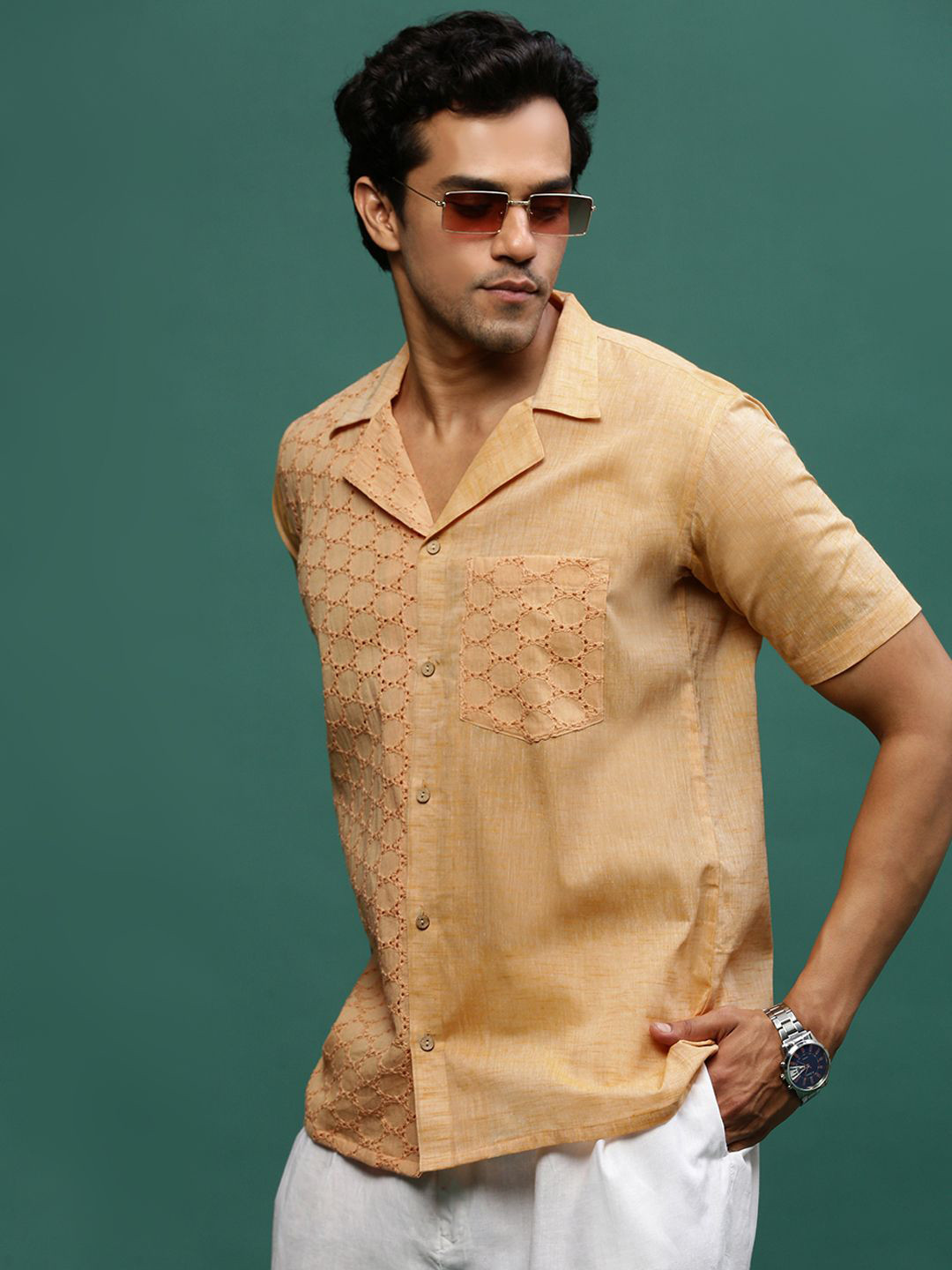 Sangria Men Modern Cuban Collar Self Design Cotton Casual Shirt