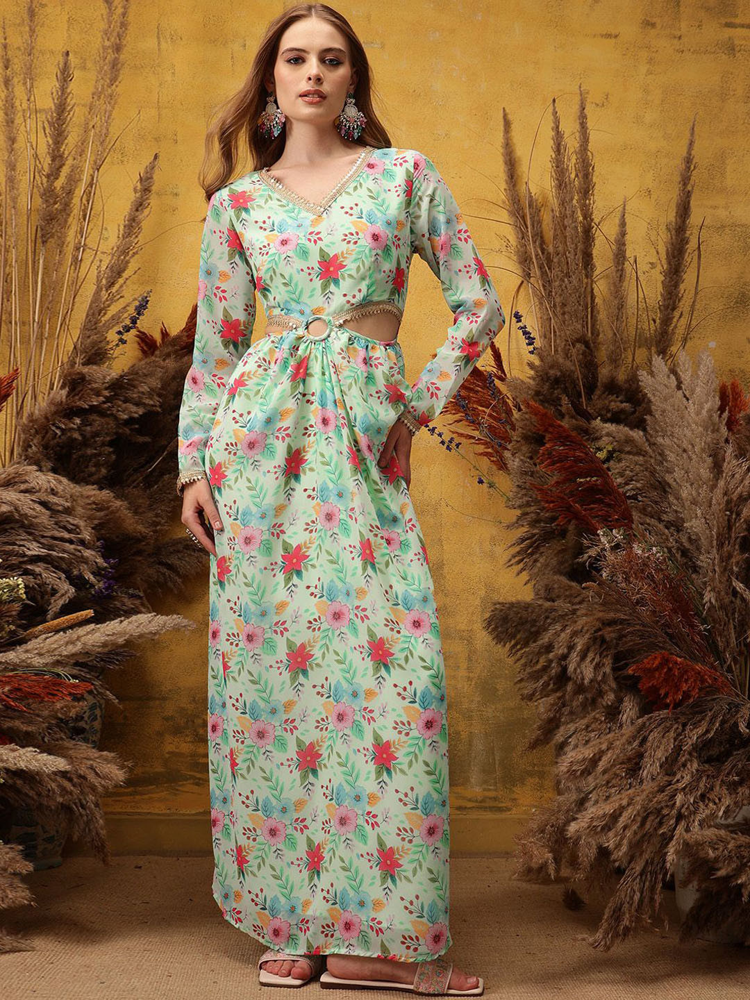 indo street Floral Printed Midi-Length Cut-Out Ethnic Dresses