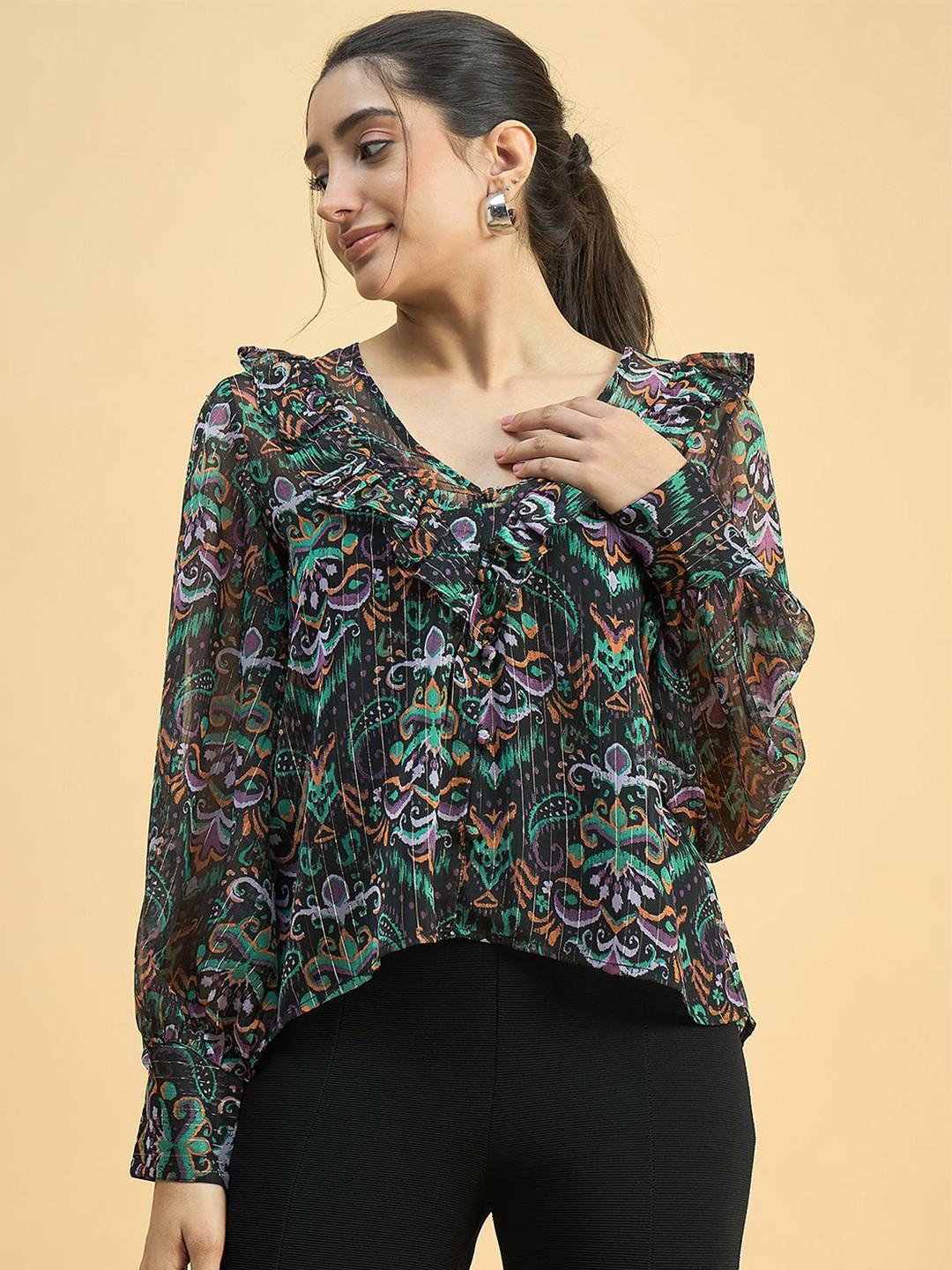 JUNE & HARRY Women Abstract Printed V-Neck Top