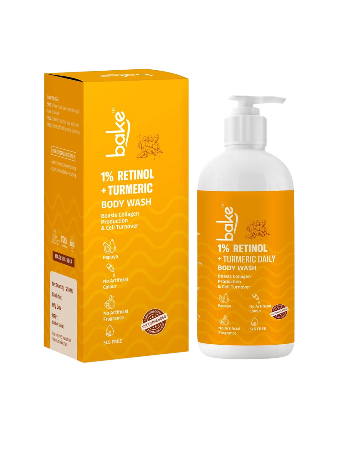 BAKE 1% Retinol & Turmeric Body Wash For Anti Ageing, Skin Elasticity & Wrinkles 250ml