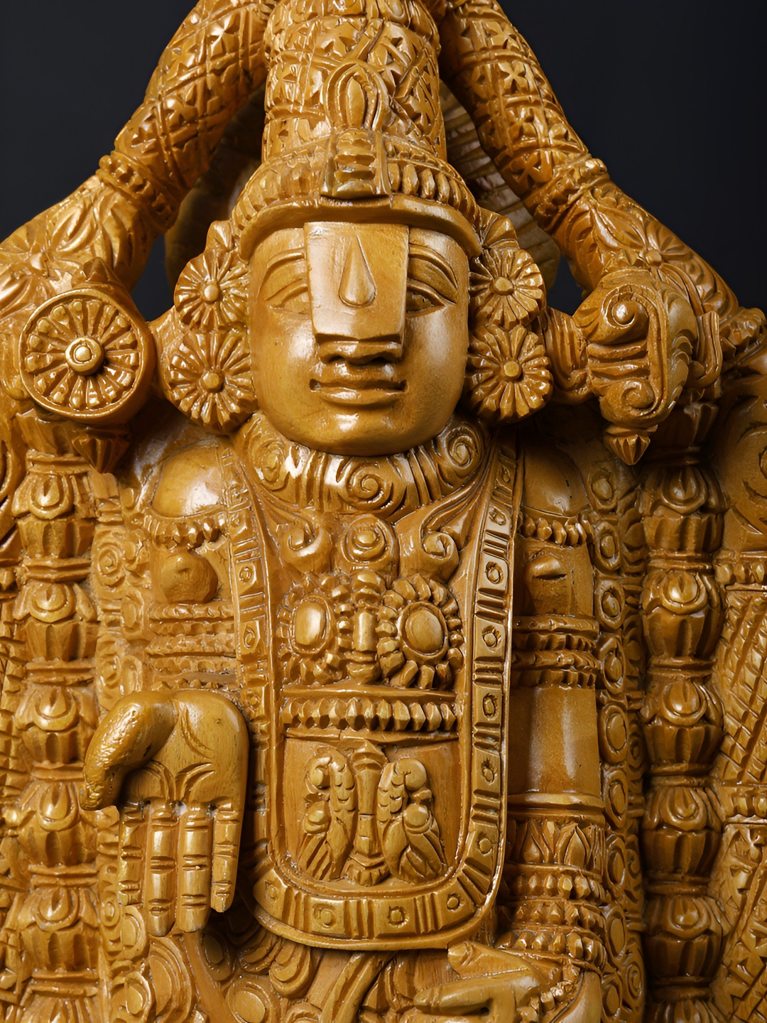 Exotic India Lord Tirupati Balaji Brown Wood Natural Prayer Room Extra Large Showpiece - 28 Inches