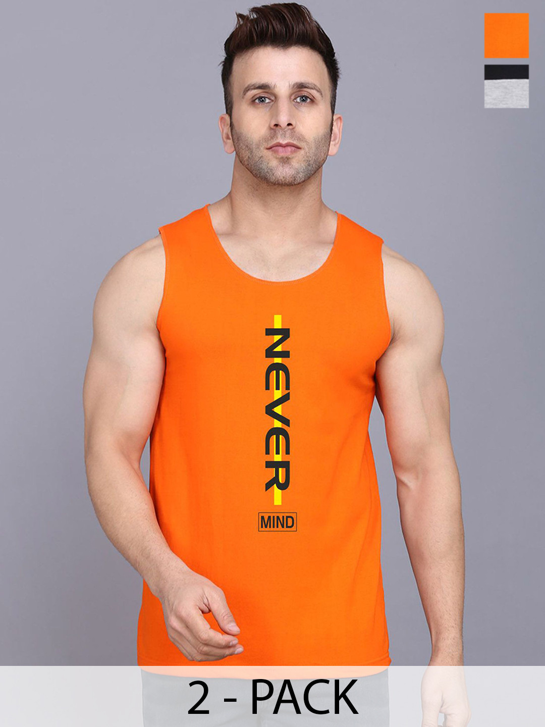 SLOWLORIS Pack Of 2 Printed Sleeveless Gym Vests SL26 COMBO (LOUD BLKGRY) (NVR ORANGE)