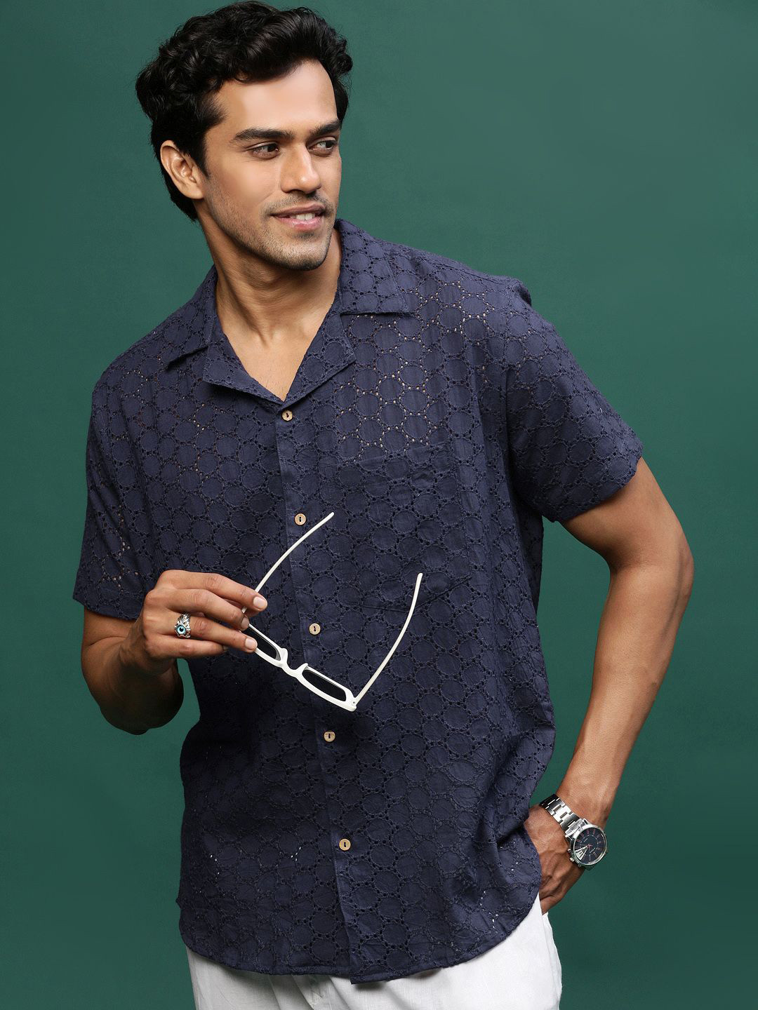 Sangria Men Modern Cuban Collar Self Design Cotton Casual Shirt