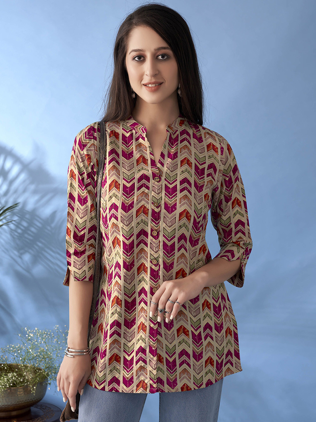 Anouk Magenta Chevron Printed Mandarin Collar  Cotton A-Line Short Kurti