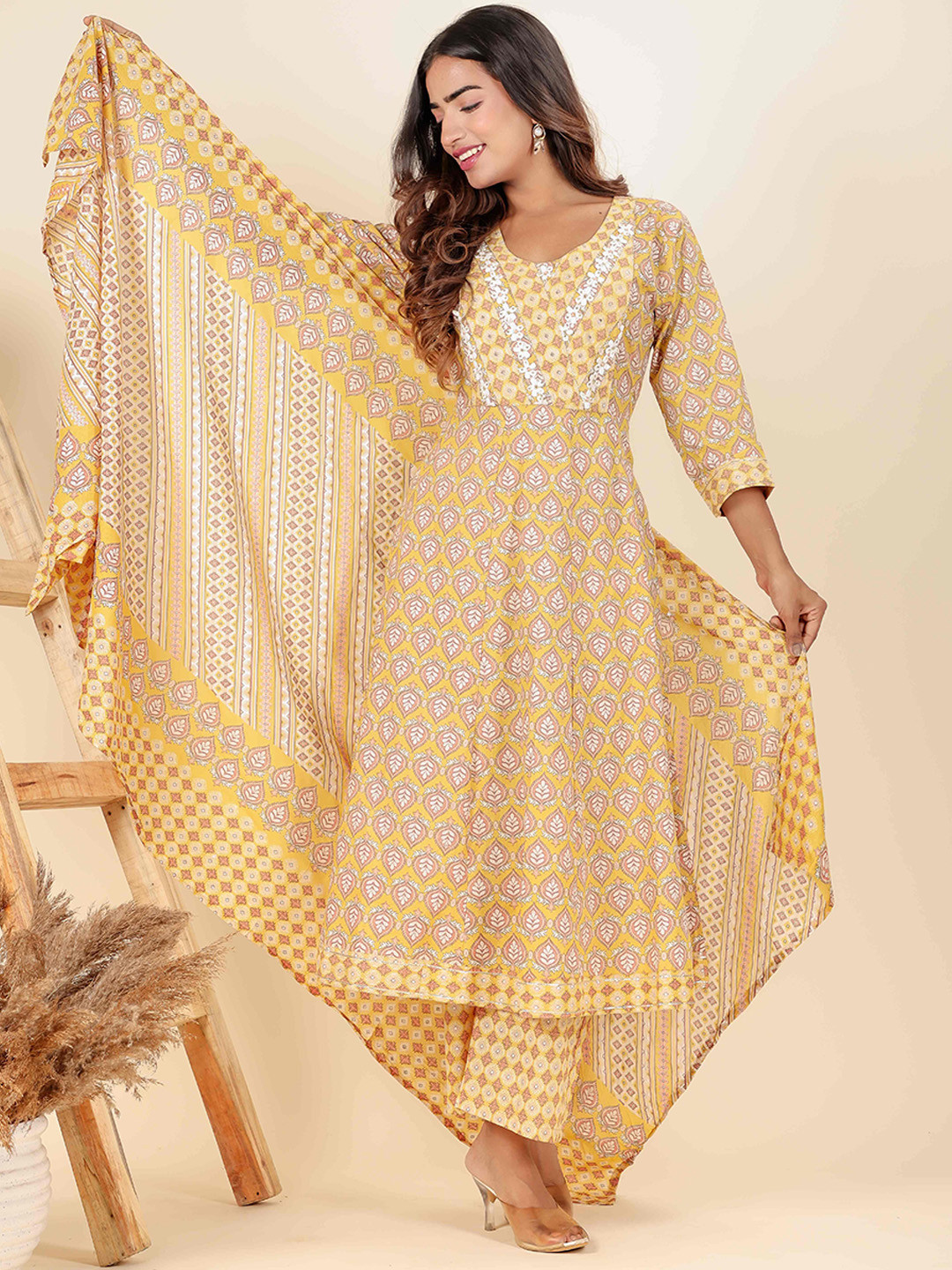 LALI JAIPUR Floral Printed Pure Cotton Beads and Stones Kurta with Trousers & Dupatta