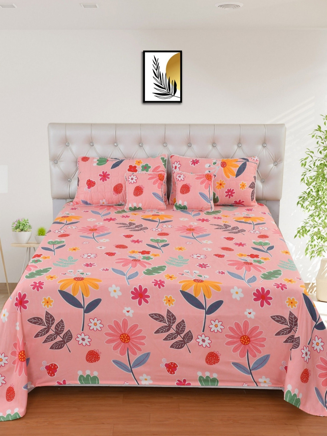 BREVARD Pink 5 Pieces Floral Cotton Double Sized King Regular Bedding Set