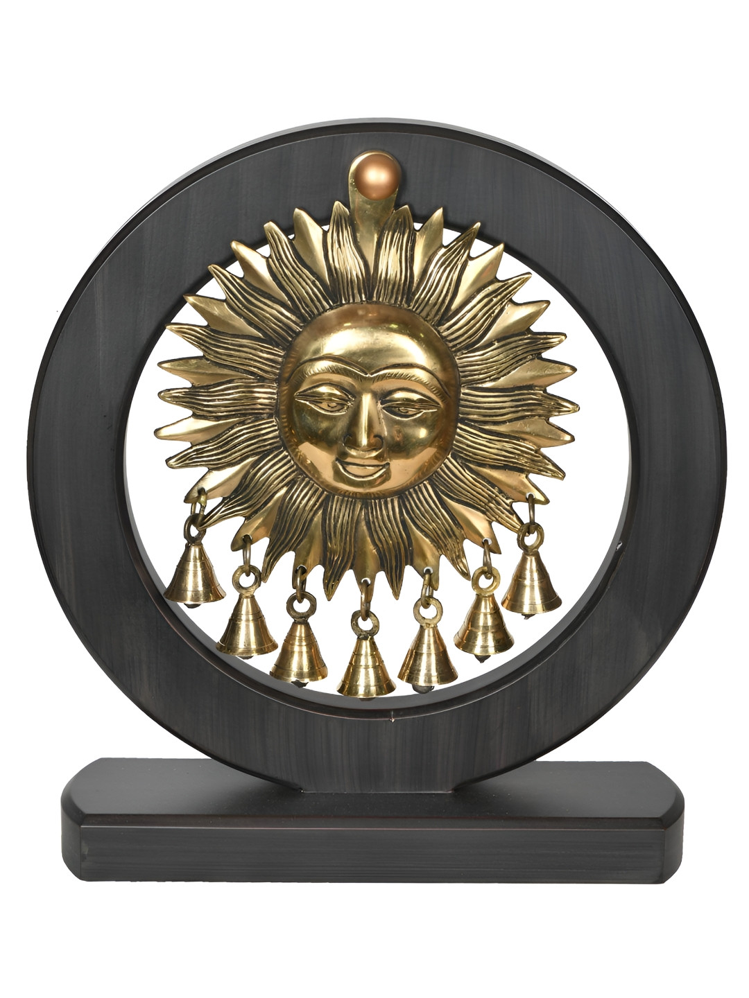 Exotic India God Surya with Dangle Bells Gold Brass Metallic Prayer Room Small Showpiece - 2.8 Inches