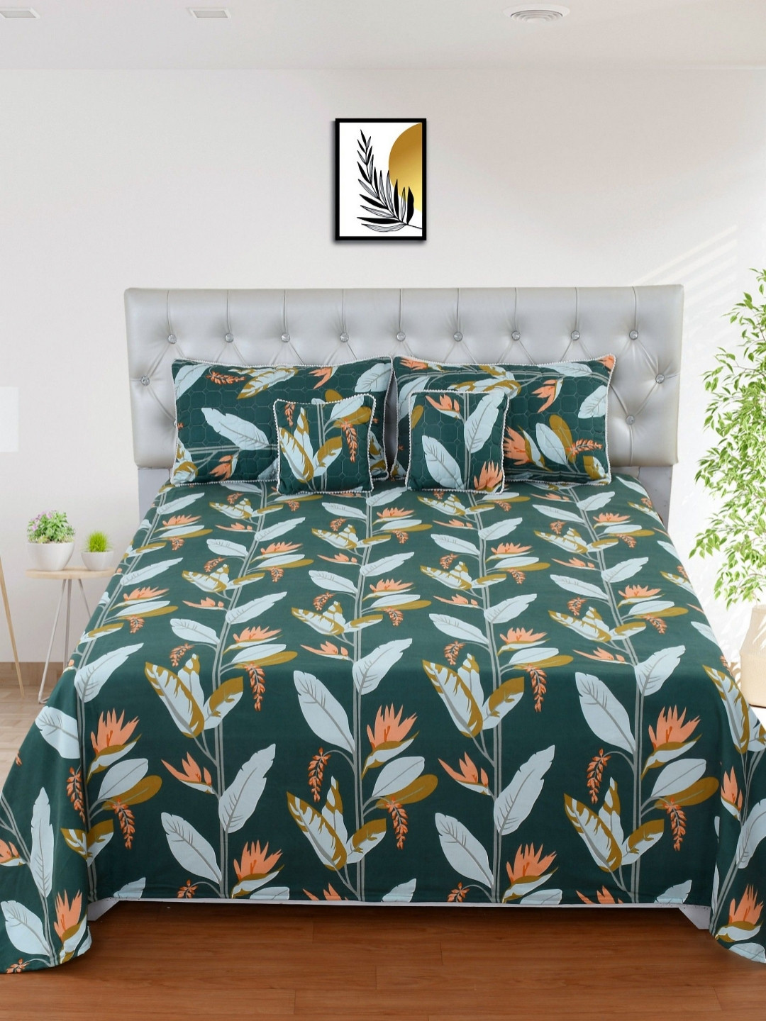 MORADO Green & Teal Cotton King Bedsheet With 2 Pillow Cover & 2 Cushion Fillers