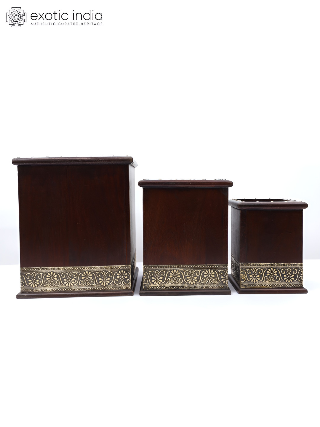Exotic India Set of 3 Designer Wooden Planters with Floral Brass Work - Housewarming Gift