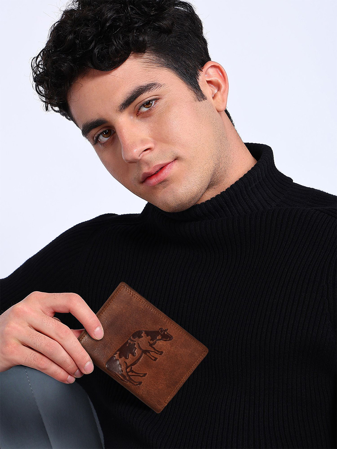 Sassora Men Textured Leather RFID Embossed Pattern Two Fold Wallet