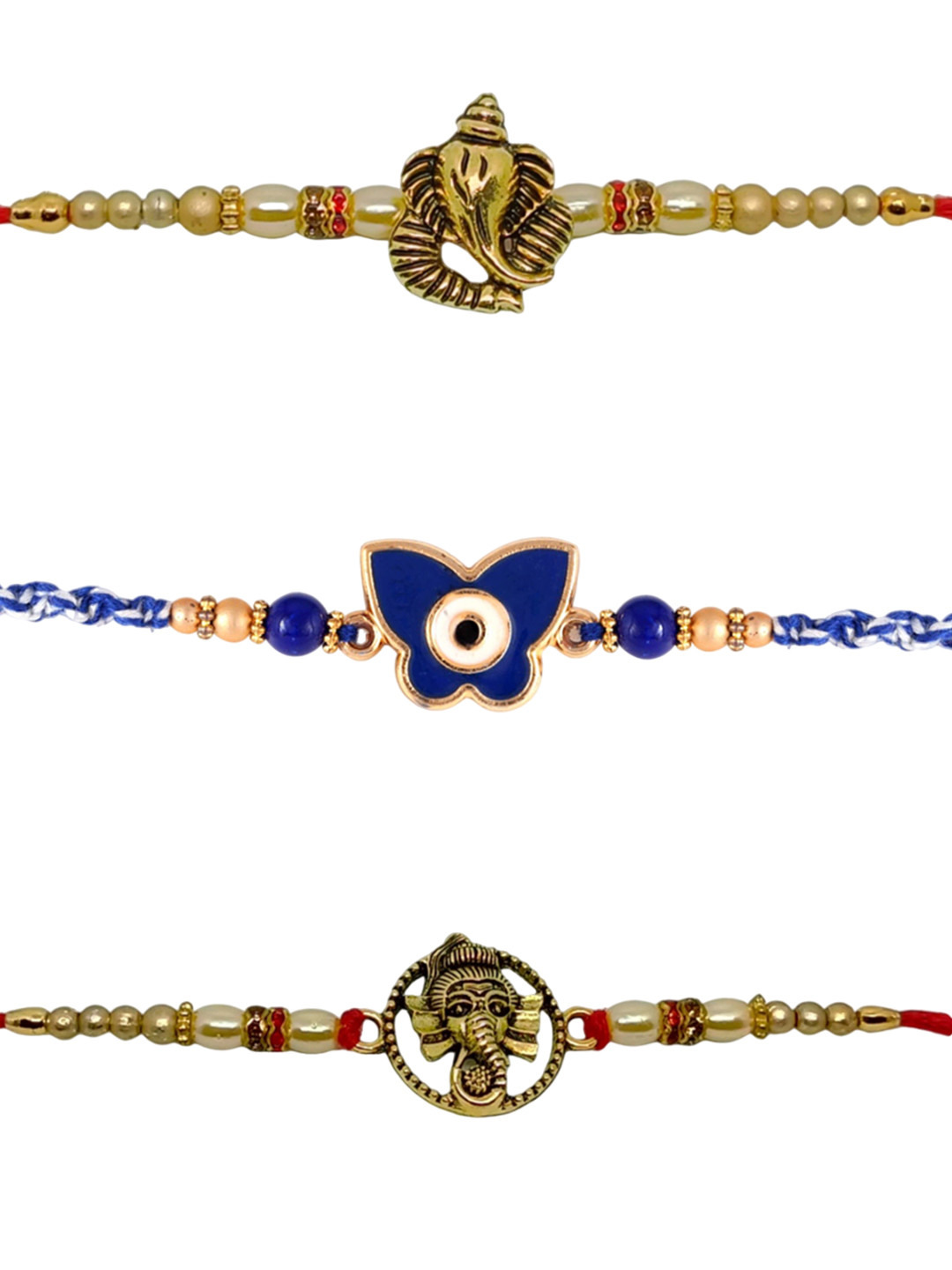 Vighnaharta Kids Set of 3 Gold and Rhodium Plated Ganesh & Buterfly Thread Rakhis