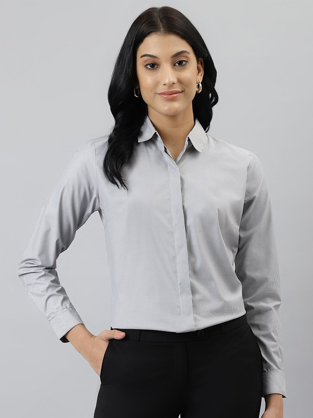 English Navy Women Relaxed Pinstriped Wrinkle Free Formal Shirt