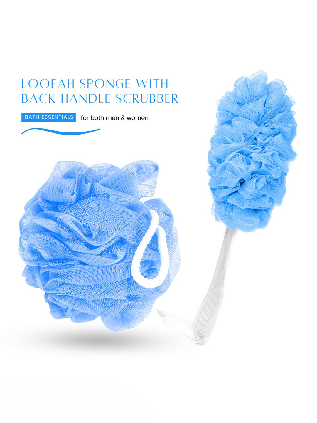 CareDone Set of 2 Soft Round Loofah & Long Loofah With Handle - Skyblue