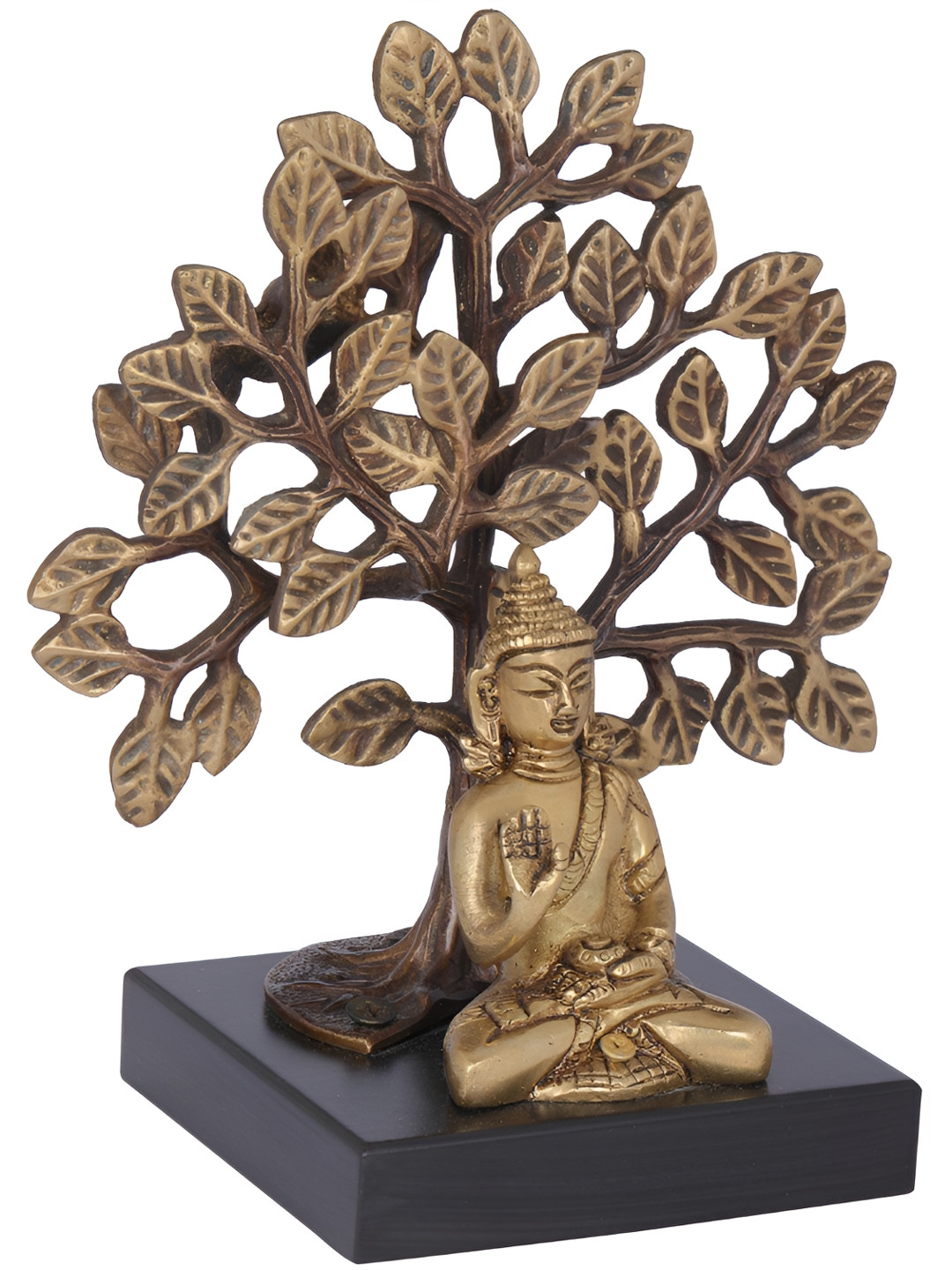 Exotic India Bodhi Tree Buddha On Pedestal Gold Brass Metallic Prayer Room Hand-Crafted Small Showpiece - 3.5 Inches