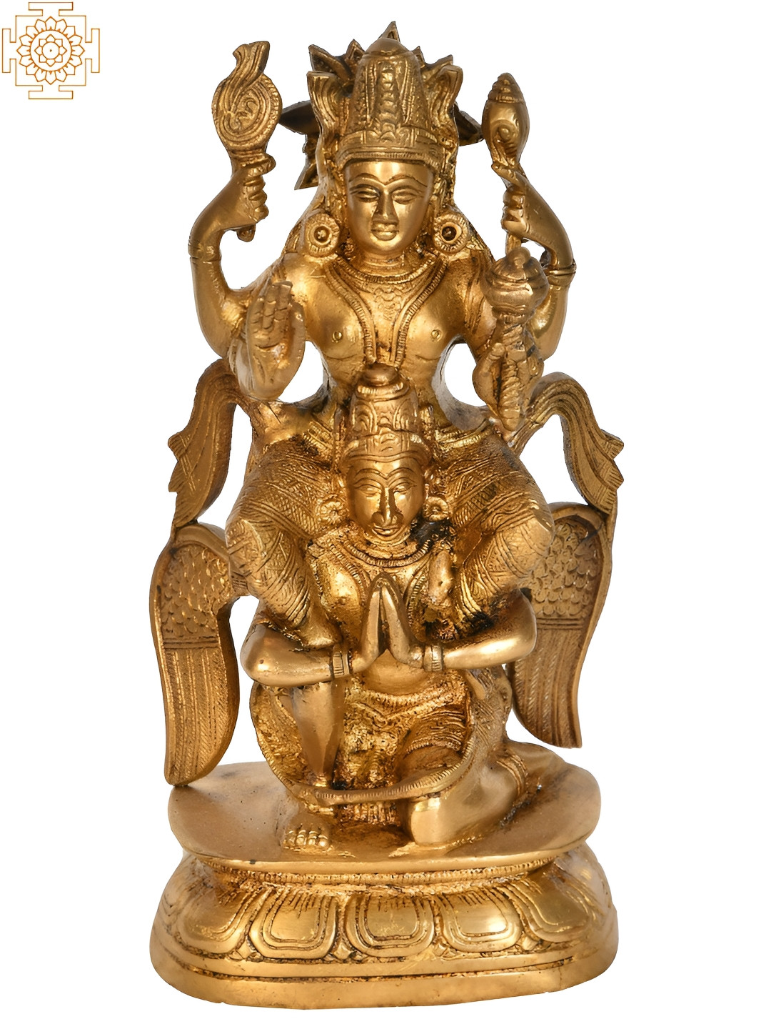 Exotic India Lord Vishnu on Garuda Gold Brass Metallic Prayer Room Hand Made Small Showpiece - 7 Inches
