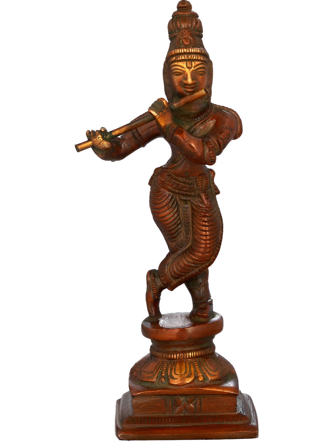 Exotic India Lord Krishna Statue Playing on Flute Brown Brass Metallic Prayer Room Hand Made Small Showpiece - 6 Inches