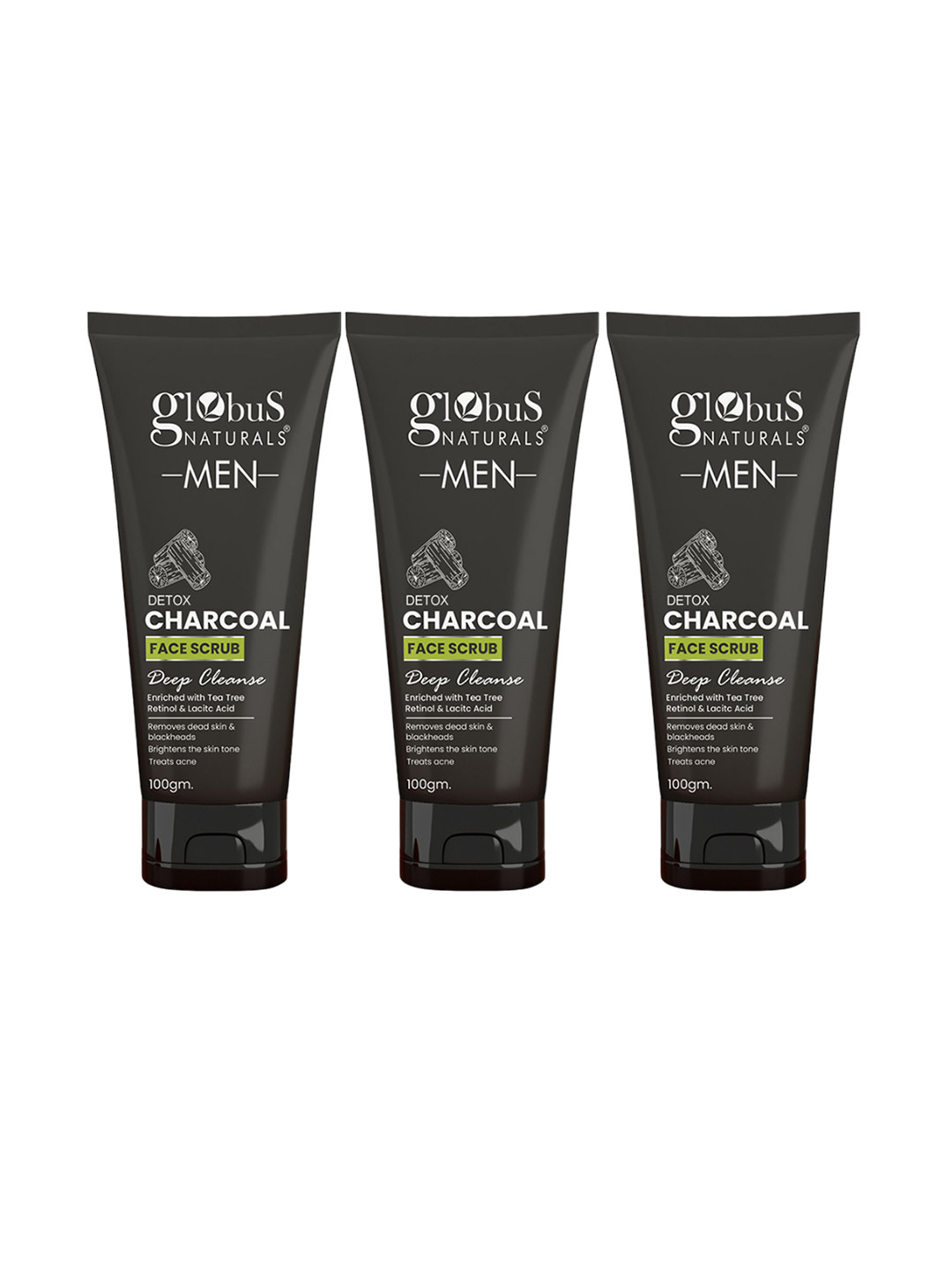 Globus naturals 3 Pcs Detox Charcoal Face Scrub Enriched With Tea Tree & Retinol 100g Each