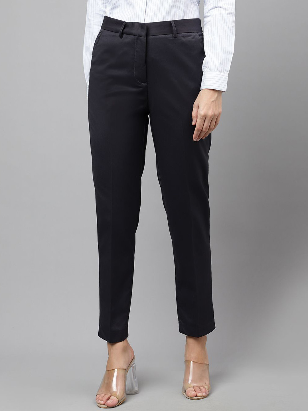 English Navy Women Solid Sharp Slim Fit High-Rise Formal Trousers
