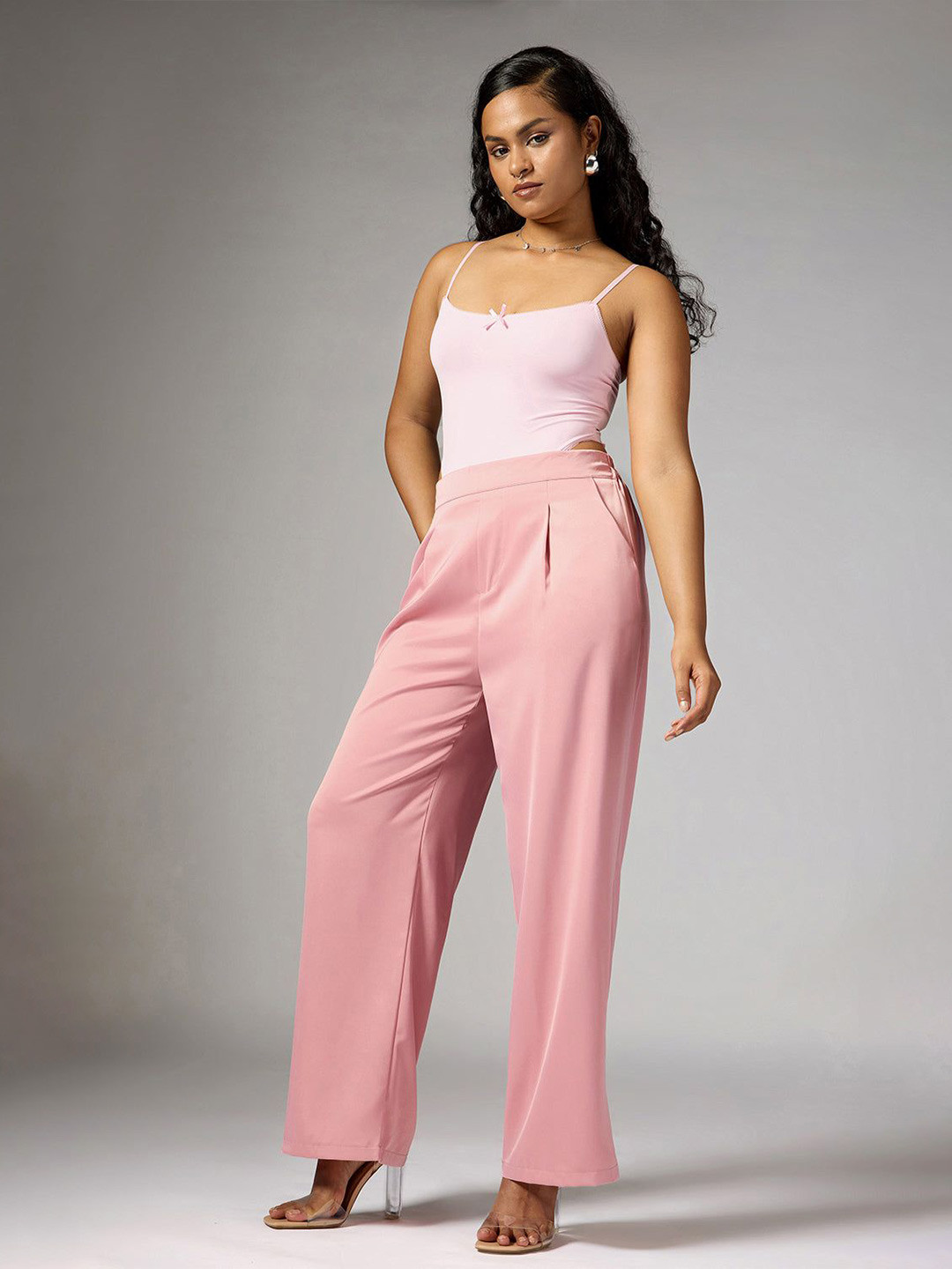 FREAKINS Quartz Pink Satin Straight Korean Pants
