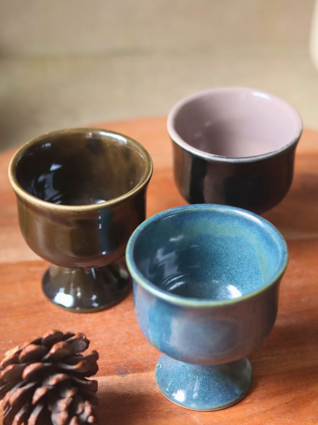 WEAVING HOMES Black & Blue 3 Pieces Ceramic Ice Cream Goblet Bowls