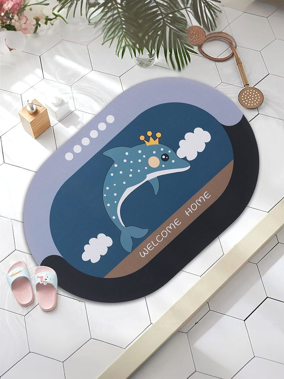 Kuber Industries Blue & Black 5 Pieces Printed 240 GSM Anti Skid Bath Rugs