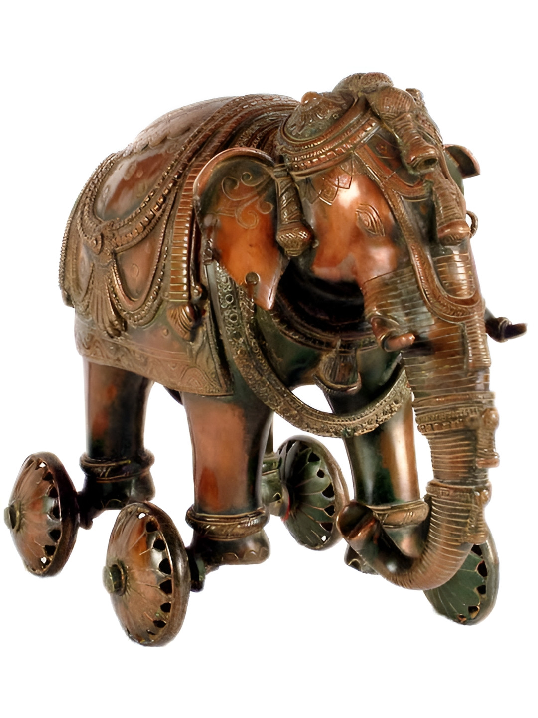 Exotic India Elephant on Wheels Brown Brass Metallic Living Room Medium Showpiece - 12 Inches