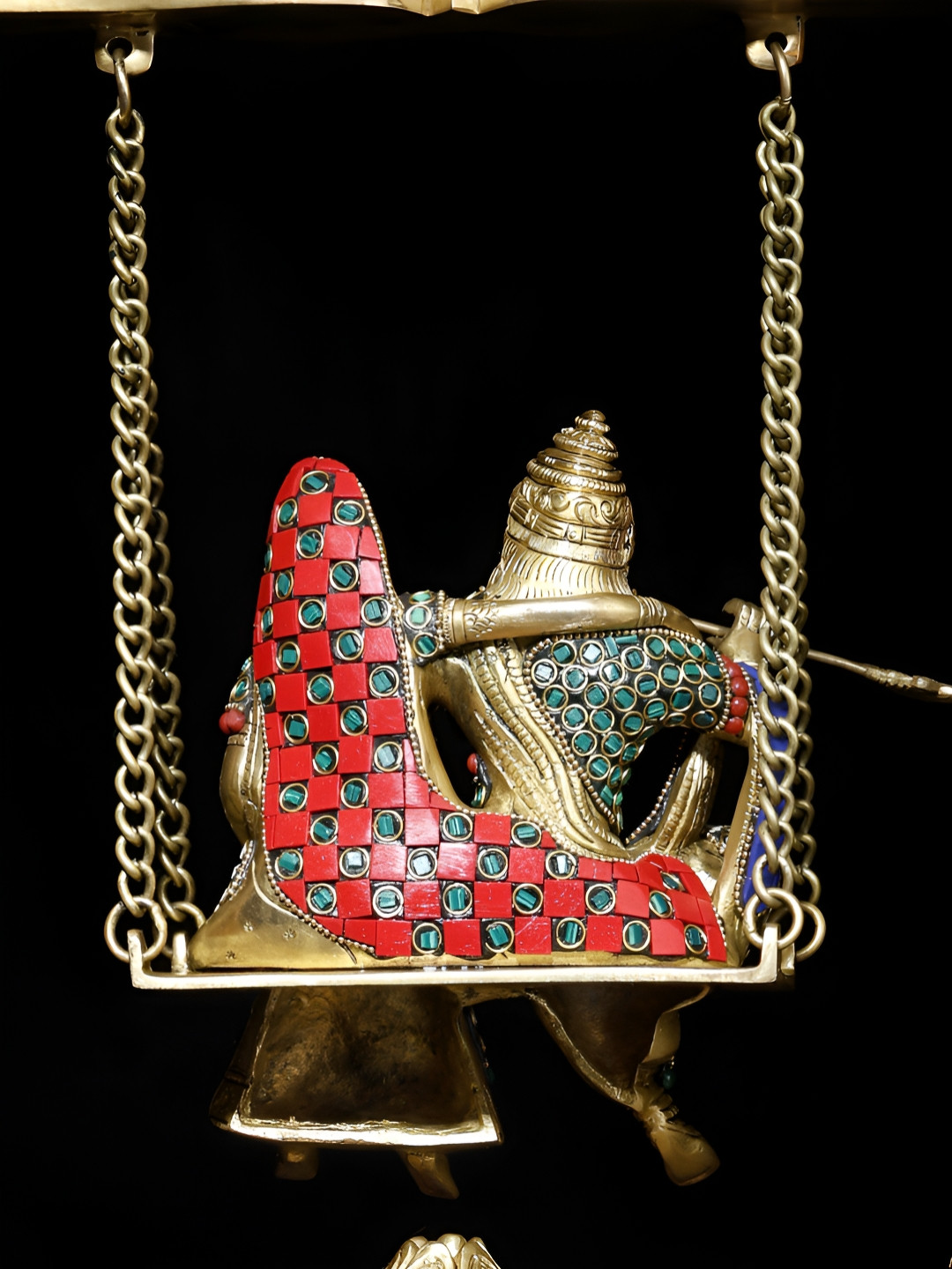 Exotic India Radha - Krishna on Swing Gold Brass Metallic Prayer Room Large Showpiece - 14.7 Inches