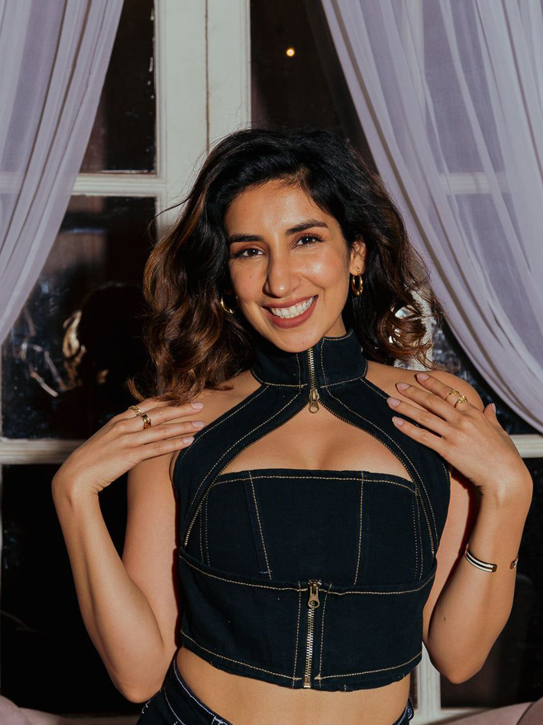 FREAKINS Solid High Neck Denim Zip Detailed Crop Top