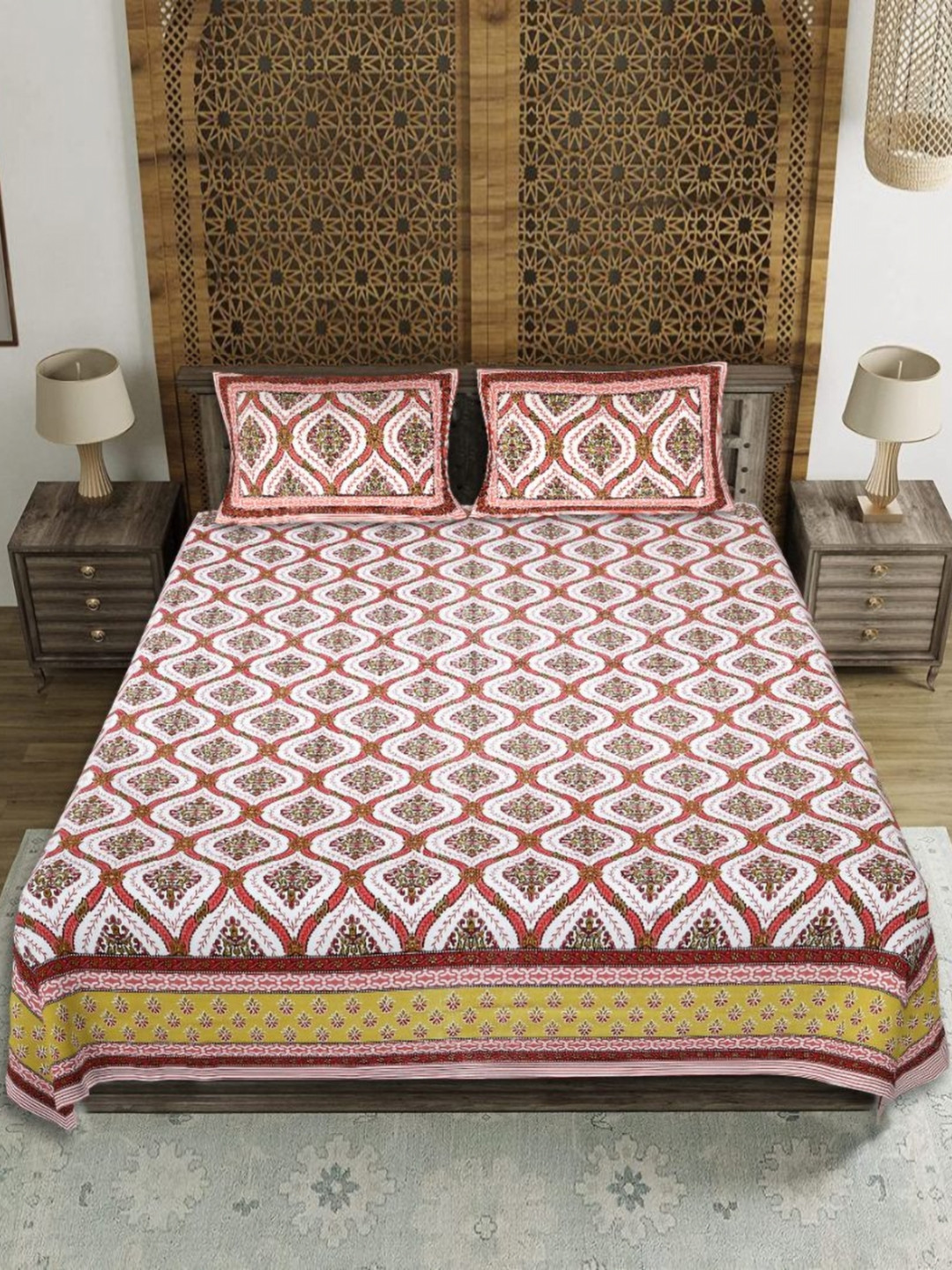 EasyGoods Hawamahal_05 Red Ethnic Motifs Cotton 210 TC King Fine Bedsheet with 2 Pillow Covers-228 x 262 cm