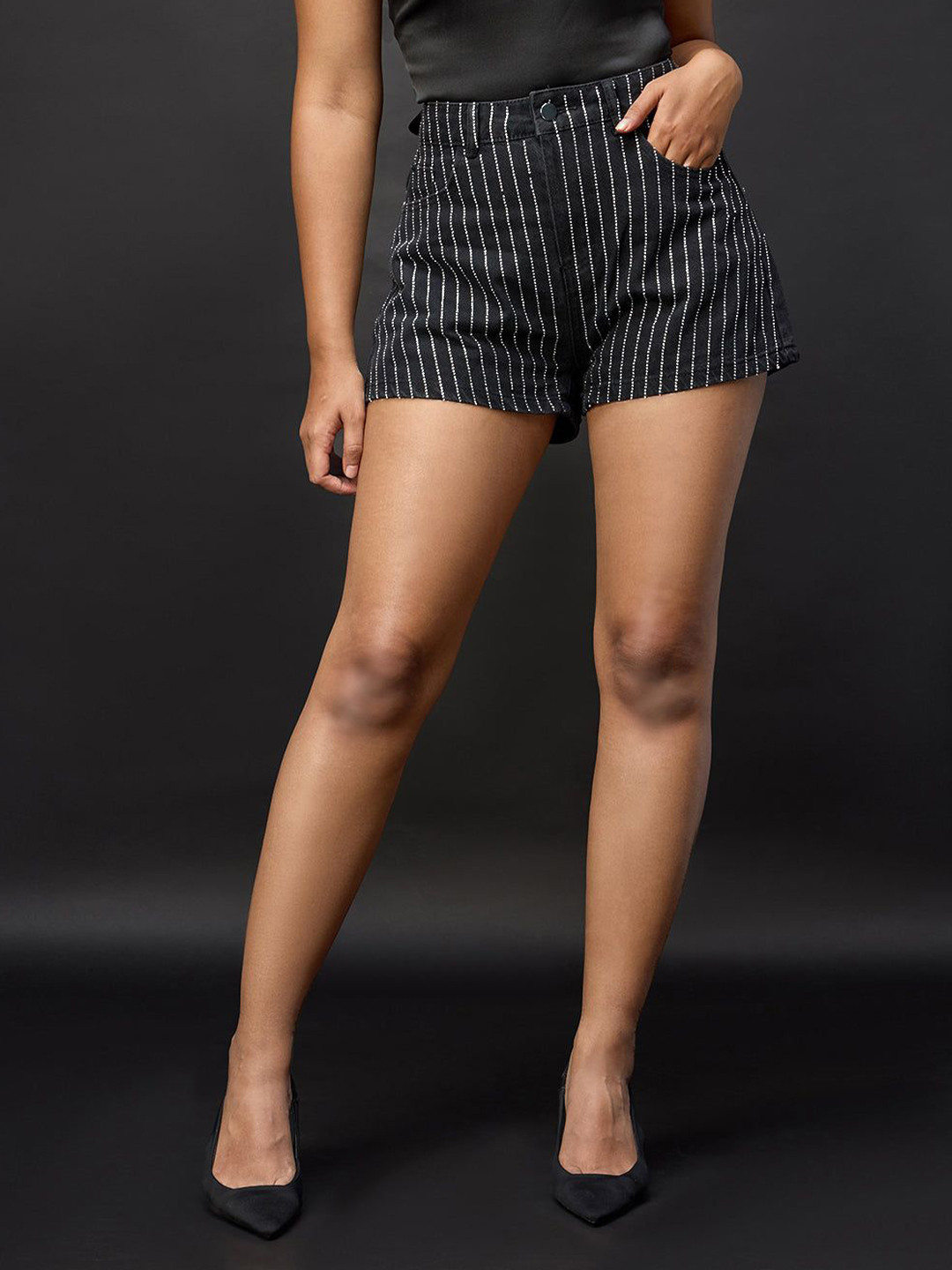 FREAKINS Women Striped High-Rise Studded Rhinestone Regular Fit Shorts