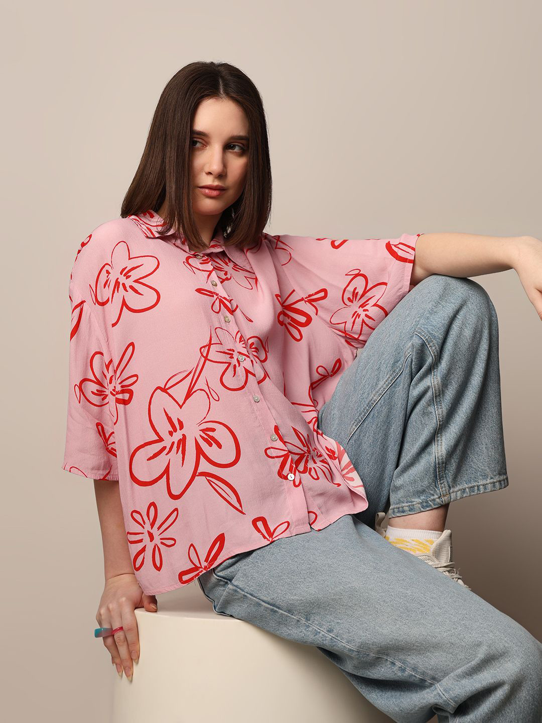 ONLY Women Spread Collar Floral Printed Oversized Casual Shirt