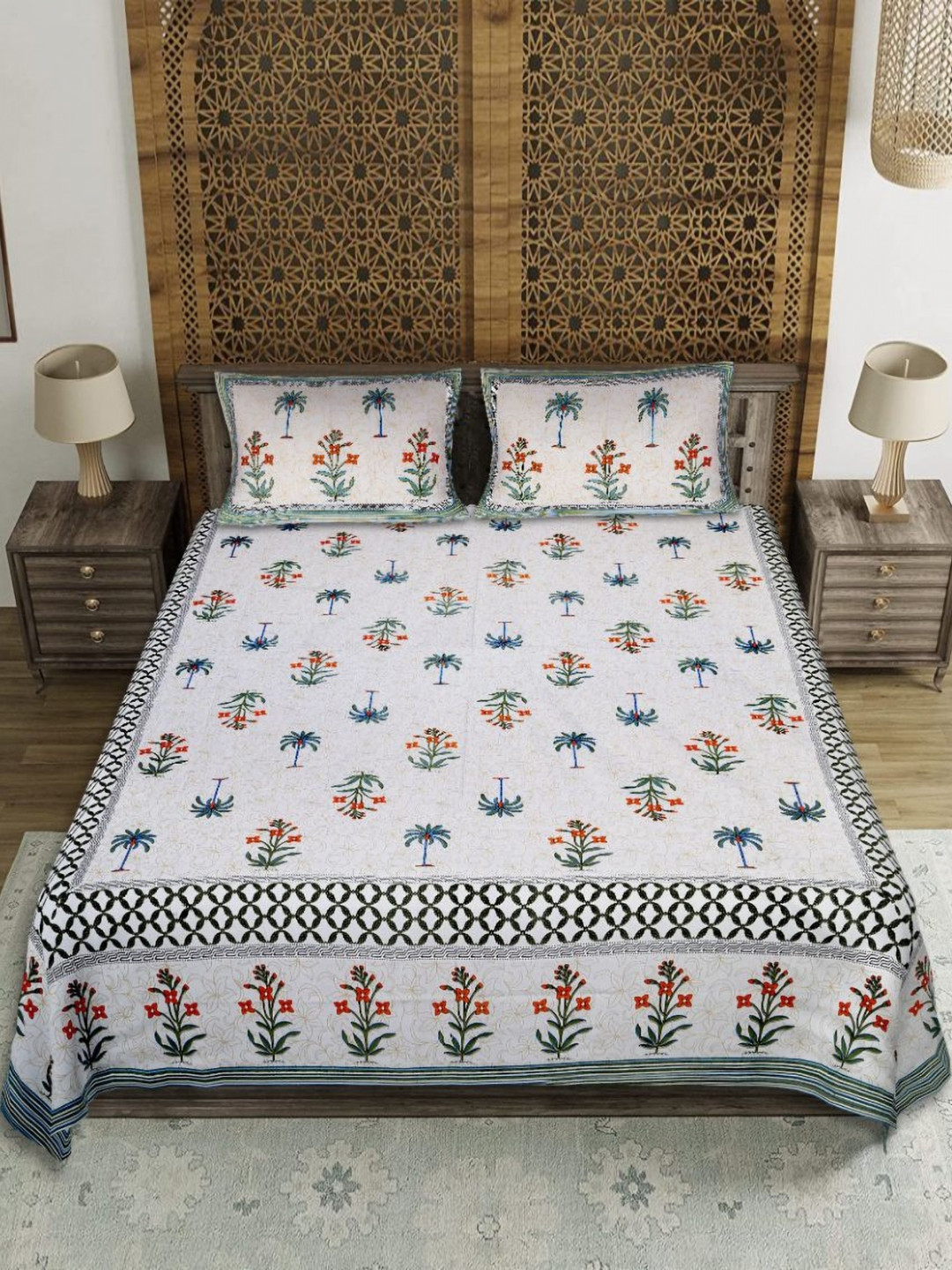 EasyGoods White Floral Cotton 210 TC King Fine Bedsheet with 2 Pillow Covers-90 x 103 inches