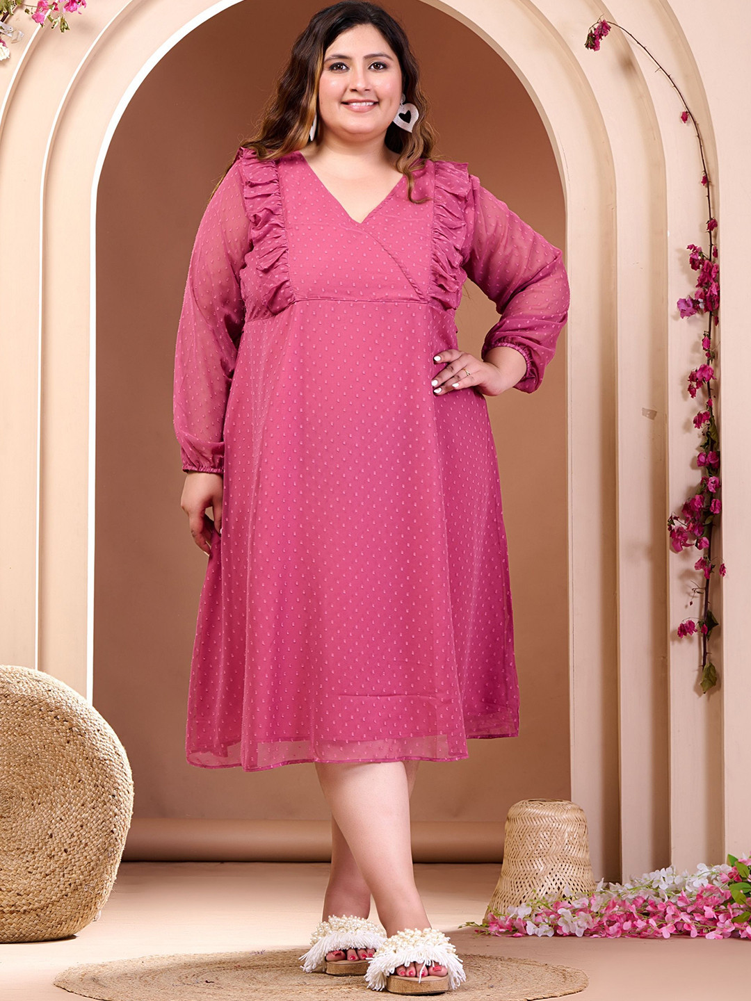 PrettyPlus by Desinoor.com Puff Sleeve Georgette A-Line Midi Dress