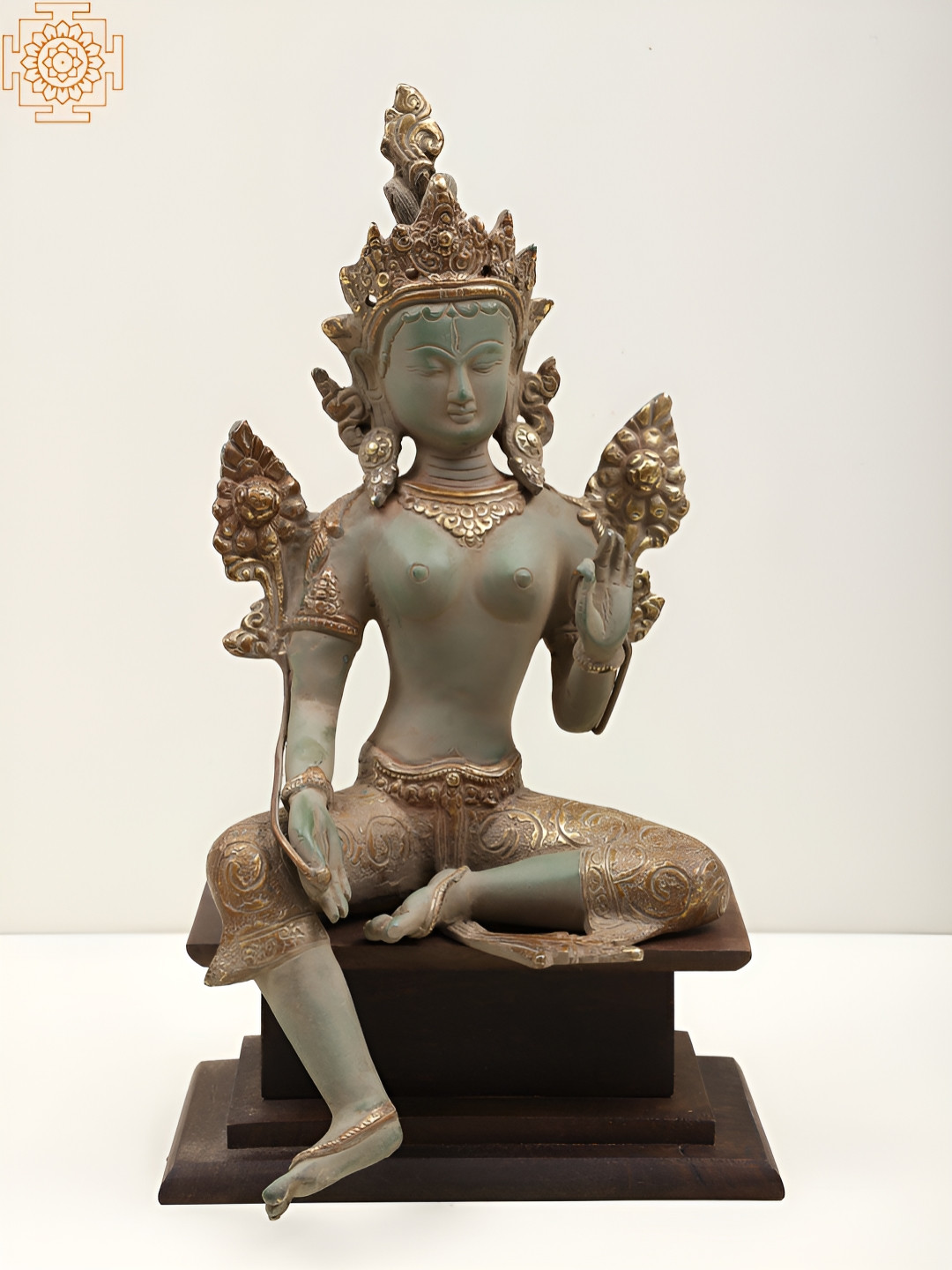 Exotic India Tibetan Buddhist Deity Green Tara Gold Brass Metallic Prayer Room Small Showpiece - 14 Inches