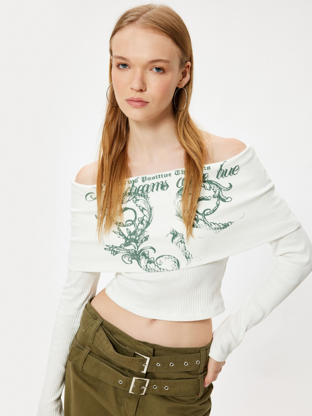 Koton  Typography Printed Off-Shoulder tops