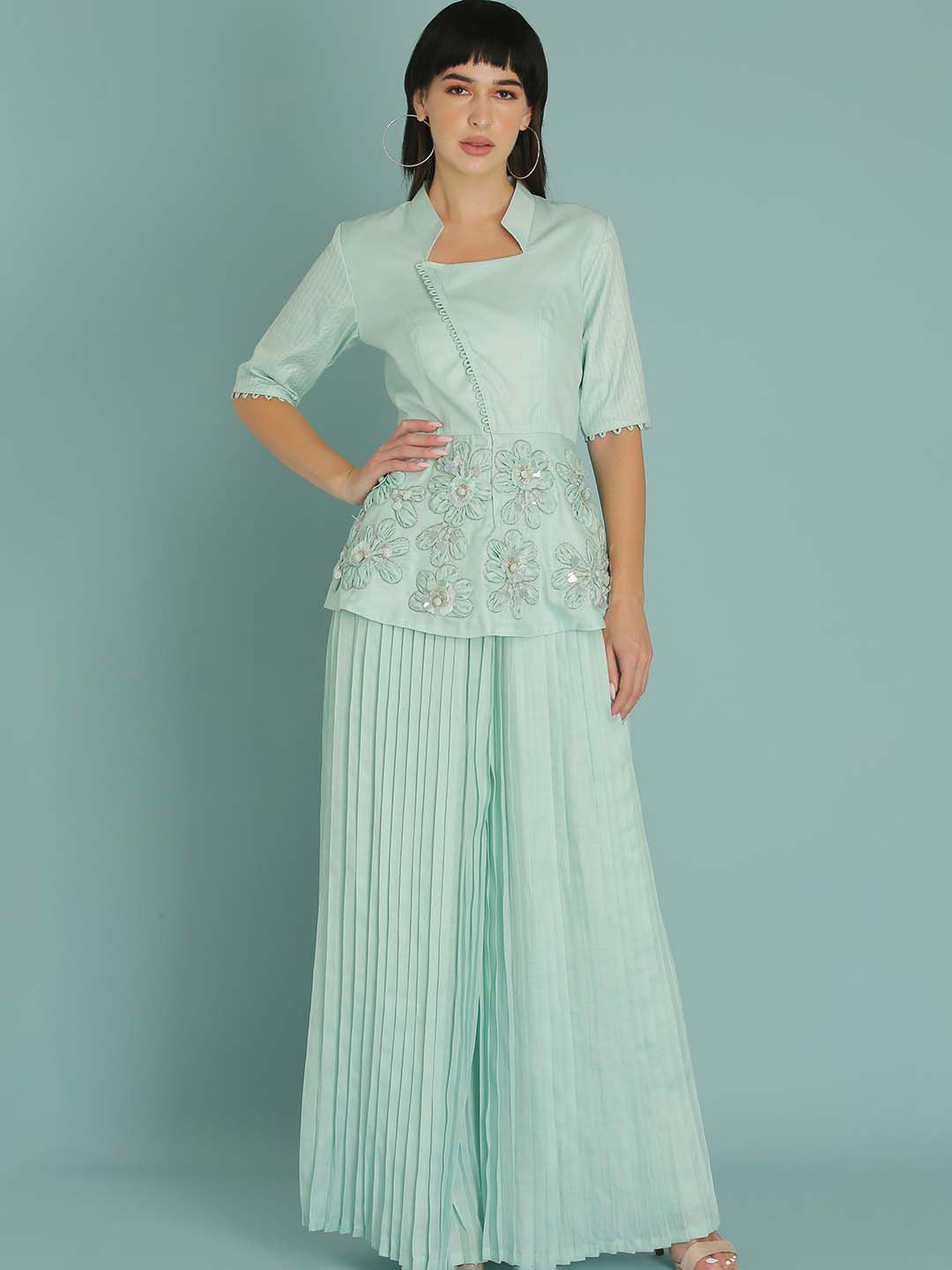 Sejal Kamdar Embellished Band Collar Party Top With Flared Palazzos