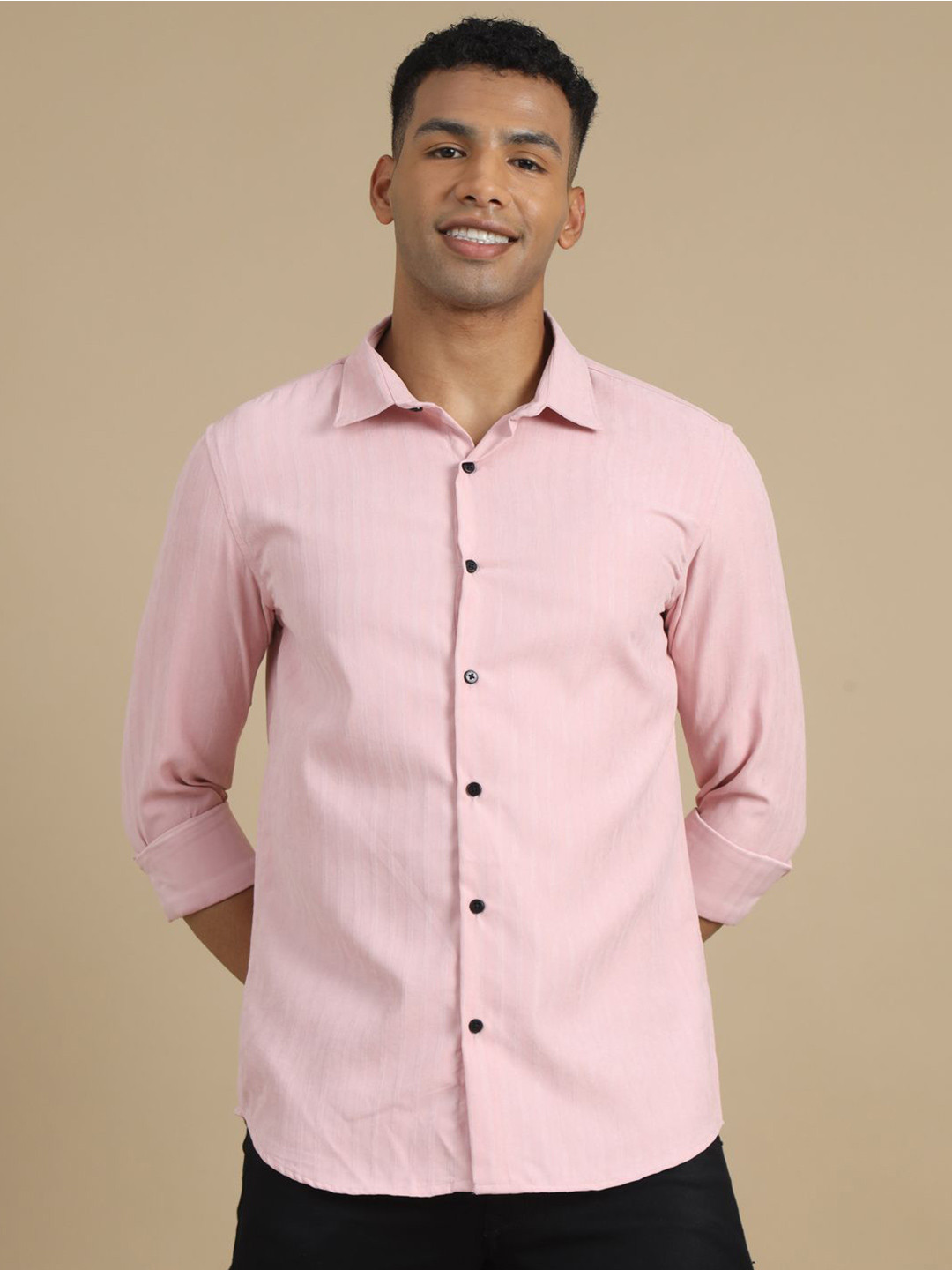 Bushirt Men Classic Spread Collar Striped Cotton Semiformal Shirt