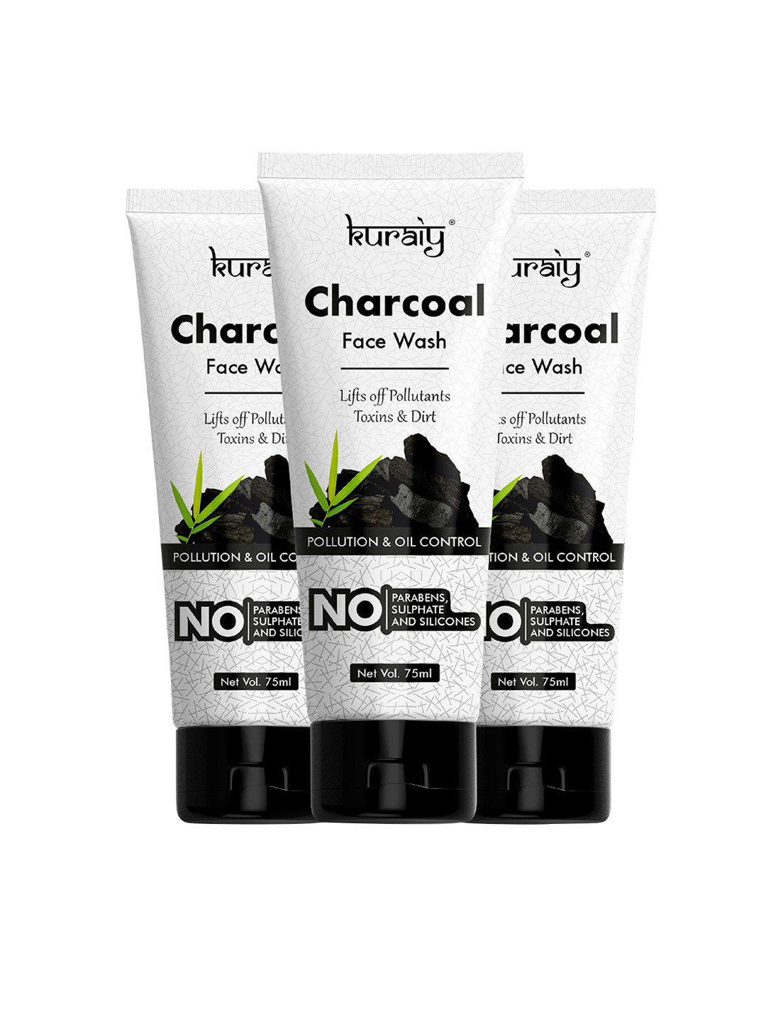 KURAIY Set Of 3 Charcoal Face Wash For Pollution & Oil Control 75ml Each